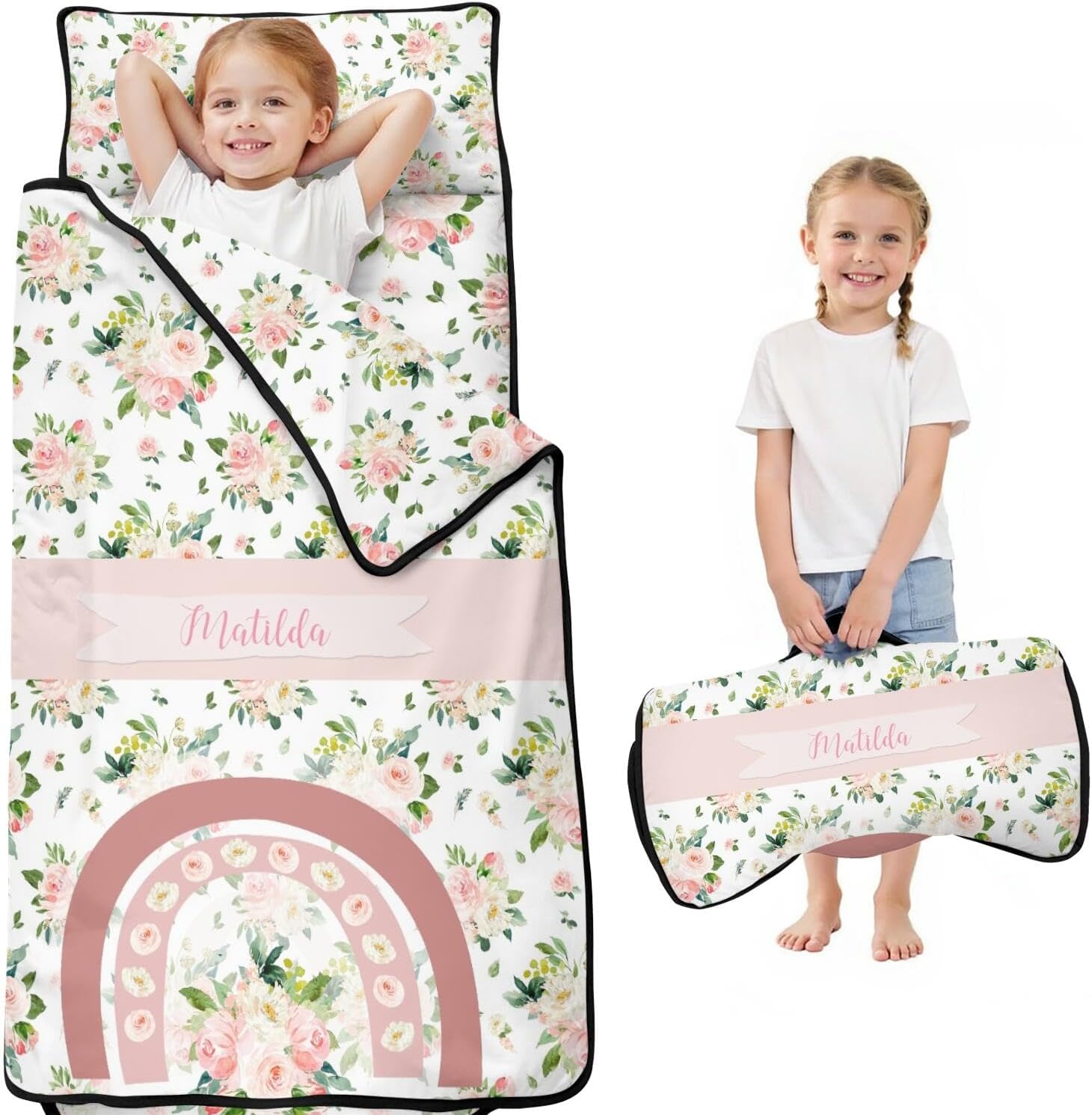 Personalized Toddler Nap Mat for Girls – Custom Name Rainbow Sleeping Bag with Pillow & Blanket – Soft & Portable for Daycare, Preschool & Kindergarten