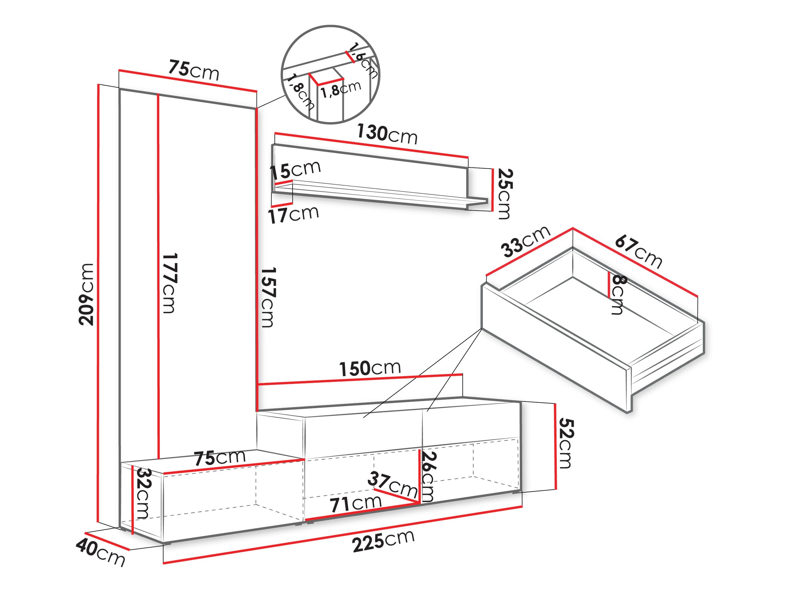 Mirjan24 Wohnwand Narezi, Elegantes Wohnzimmer-Set mit dekorativen Lamellen, Anbauwand mit Wandpaneele, TV-Lowboard, und Wandregal, Fernsehschrank (Weiß/Eiche Cremona, Breite: 225 cm)