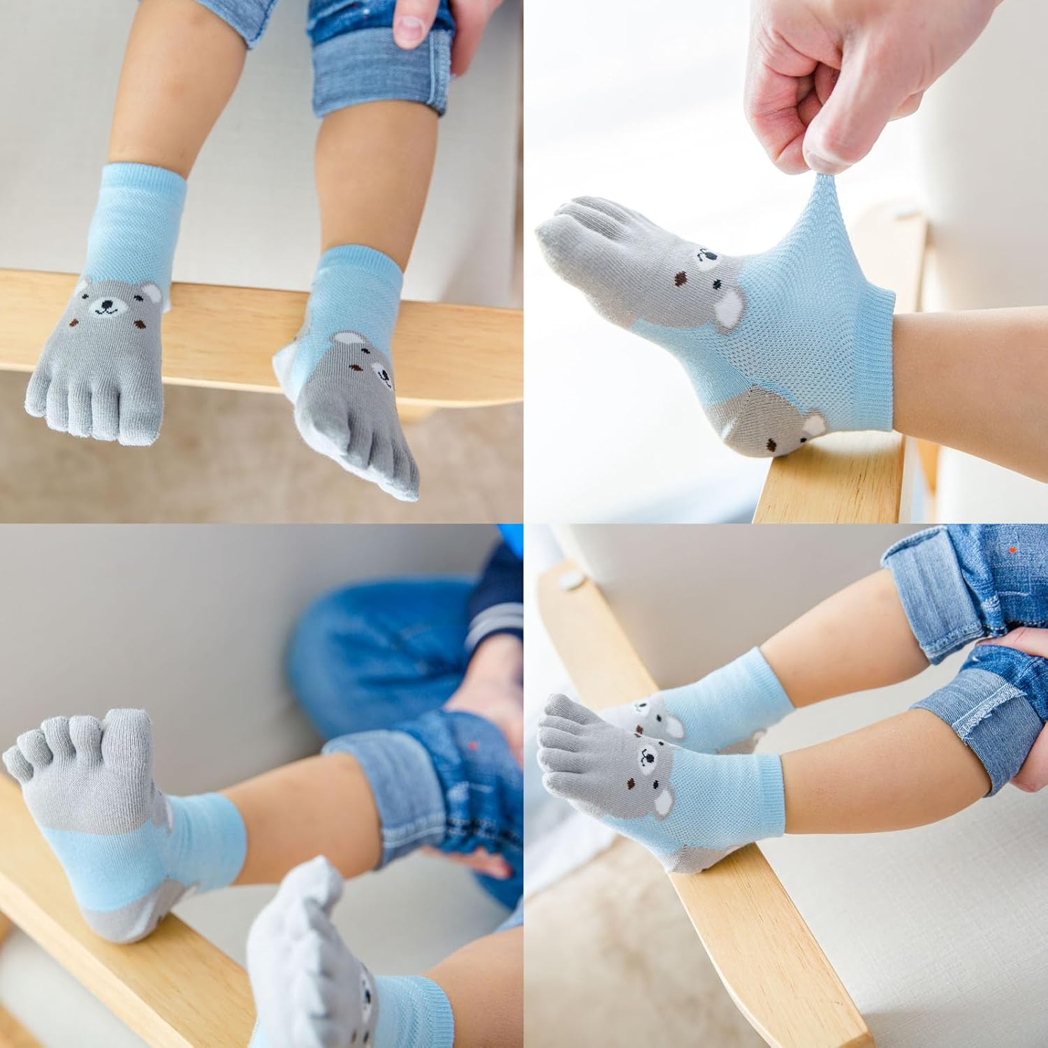 Pursuestar 2 Pairs Five Finger Toe Socks Running Breathable Mesh Seperated Bear Socks for Kids Girls Boys 3-12 Years