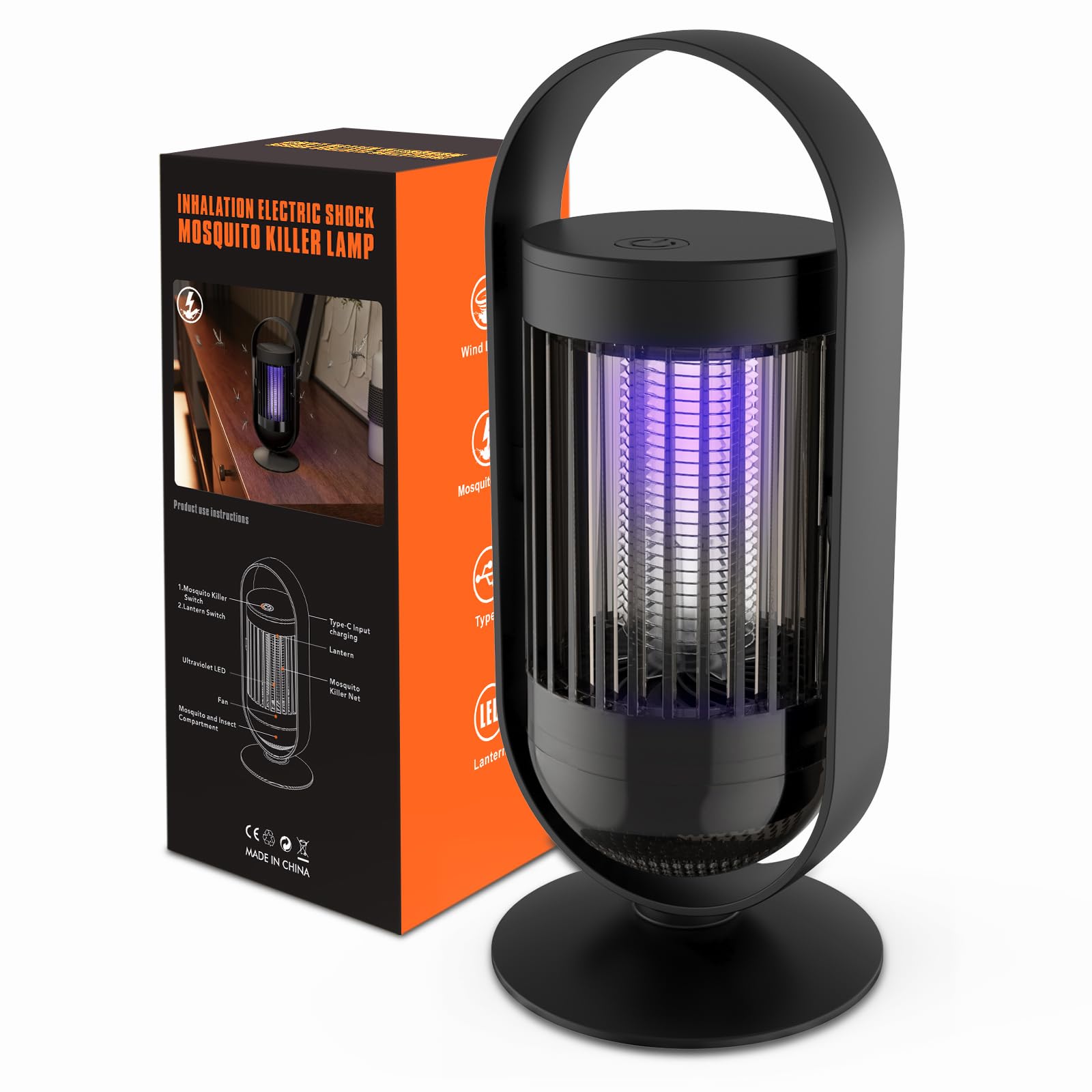 CASACASA Zapper Outdoor, Inhalation Mosquito Zapper Outdoor Indoor with LED Light, Mosquito Zapper Rechargeable Fly Killer, Flying Insects Zapper Outdoor Up to 1500V, ABS Plastic Outer (Black)