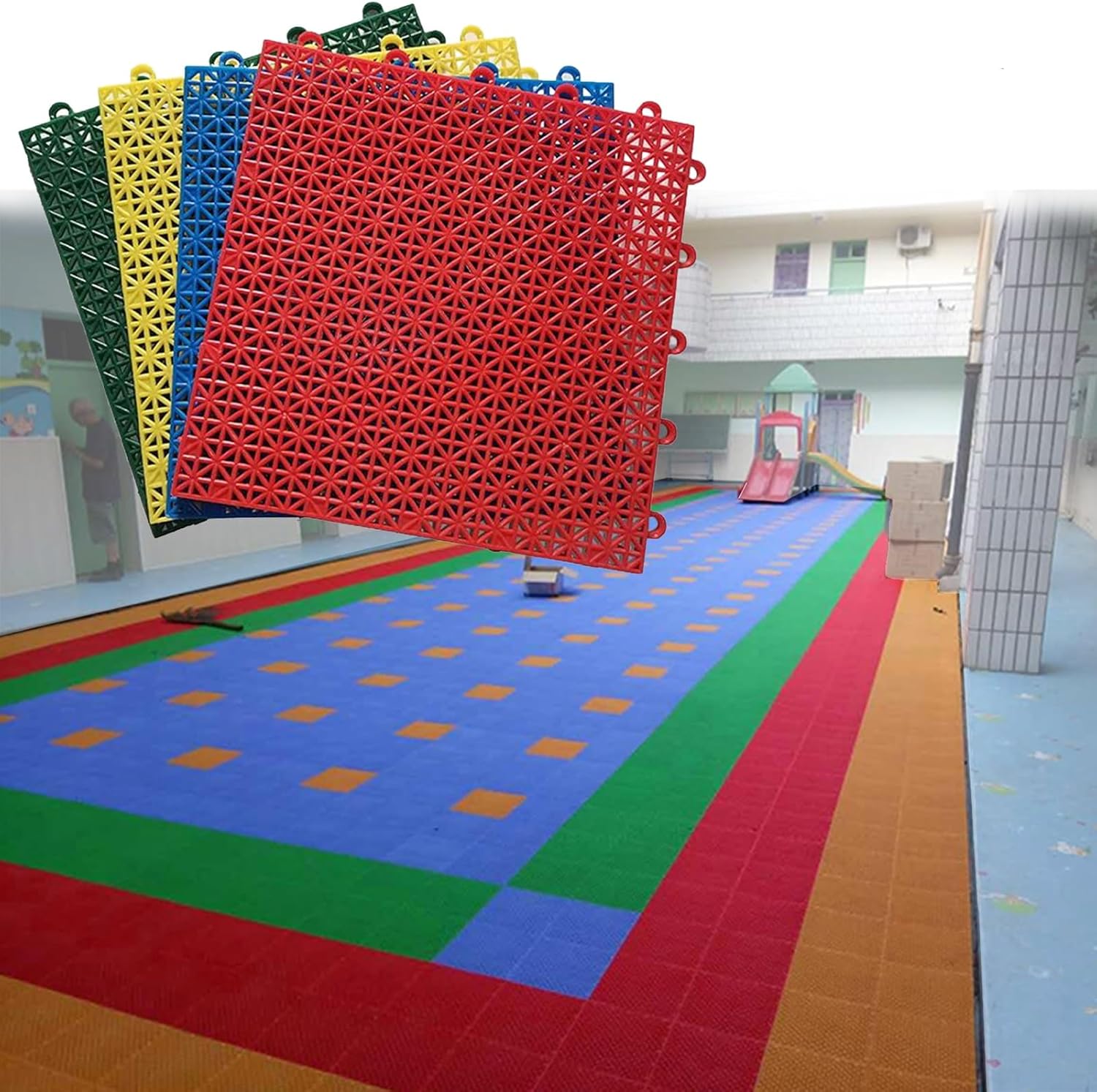 2/5 Inch Thick Backyard Basketball Court Flooring, Weatherproof Plastic Modular Interlocking Floor Tiles for Kindergarten, Public Leisure Place, DIY Color Sports Floors (Green 16 Piece(1 Sq.M.))