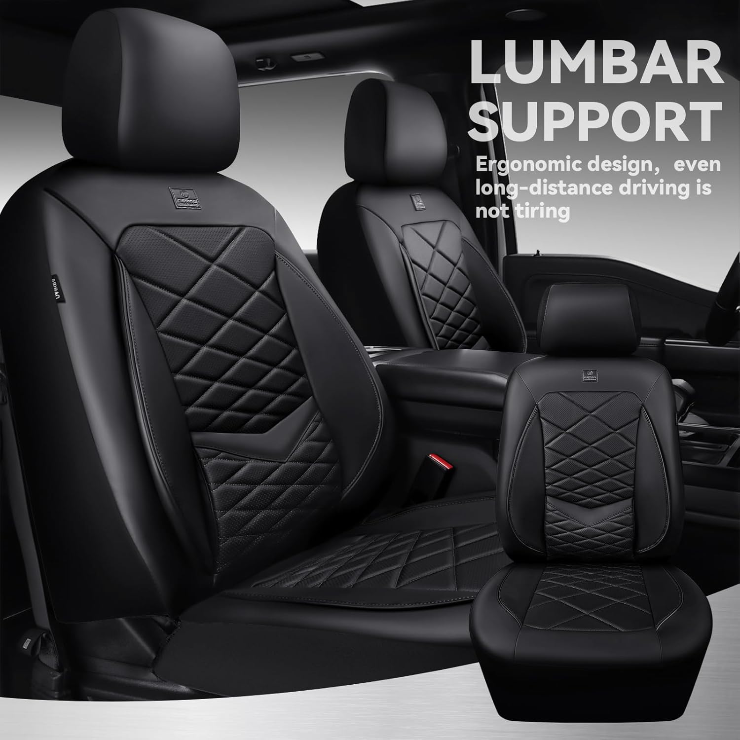 CAR PASS Luxury Nappa Leather Front Seat Covers, Waterproof 3D Foam Seat Covers with Lumbar Support, Breathable Auto Seat Cover Airbag Compatible Universal Fit for Sedan SUV Van Truck, All Black