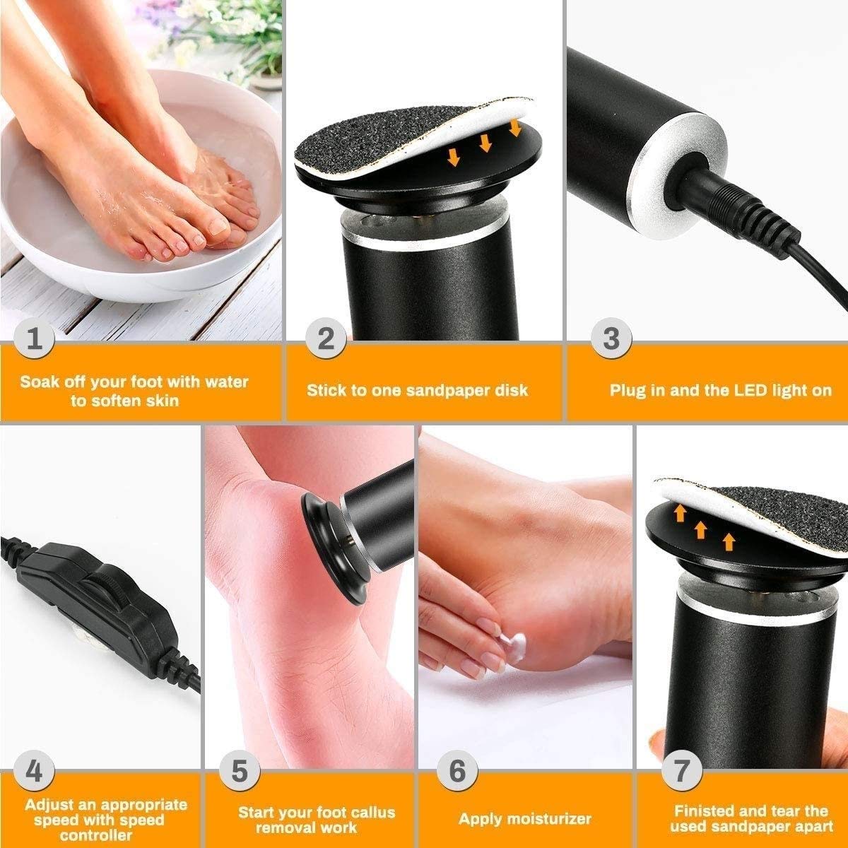 Callo File di Piede Elettrico di rimozione for Il Piede, Pedicure Piede Cura for la Pelle Morta Duro Incrinato Secco, con Dischi di Ricambio 60pcs (Color : Black)