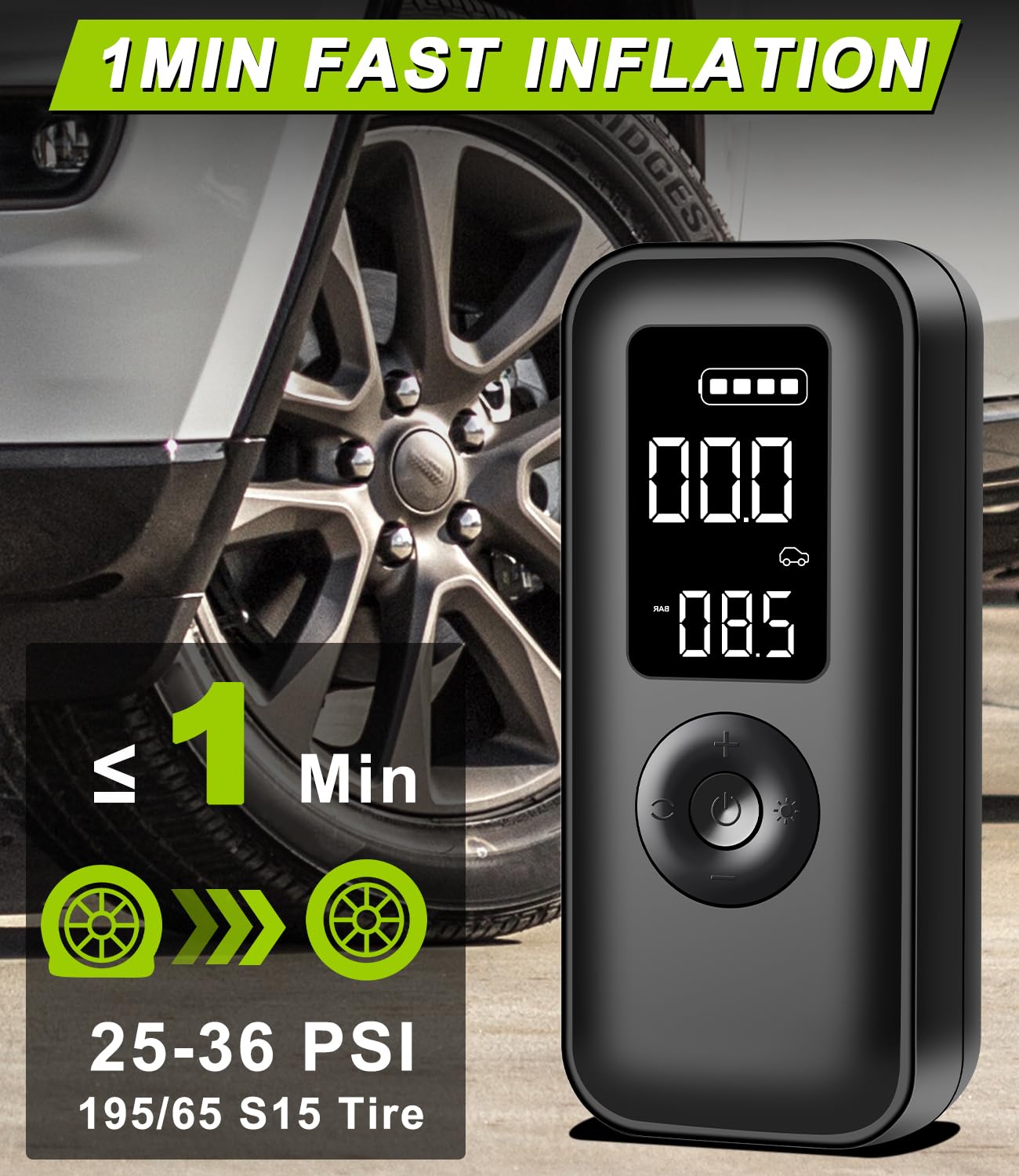 Gonfleur Pneus électrique Rechargeable FLEXAIR - Portable, Pour Voiture, Vélo, Ballons - Écran Digital