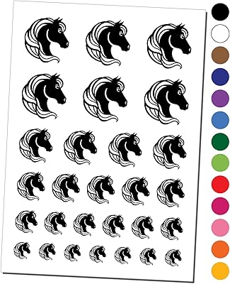 Horse Head Flowing Mane Stallion Temporary Tattoo Water Resistant Fake Body Art Set Collection - Black (One Sheet)
