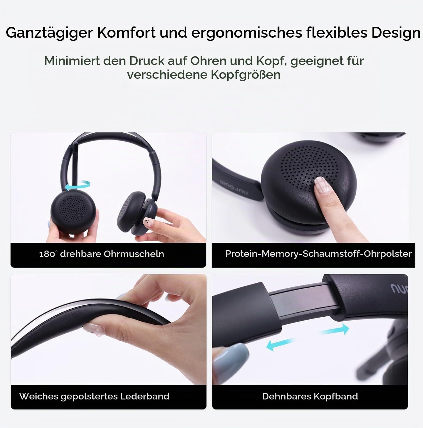 Nuroum HP31DU(2nd Gen) Bluetooth Headset mit Mikrofon Wireless, Geräuschunterdrückende Mikrofone für Anrufe mit Mute/USB Dongle Dual-Verbindung, 45H Laufzeit, Kabelloses Headset für PC/Mac/Laptop