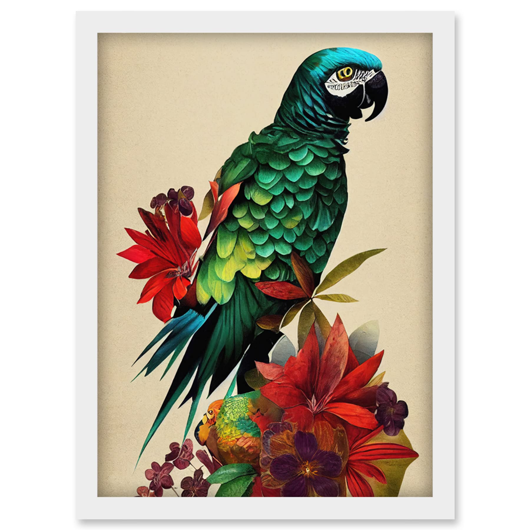 A4 Framed Wall Art Print - Exotic Flowers and Feathers Macaw Parrot Jungle Blooms Artwork - Artery8