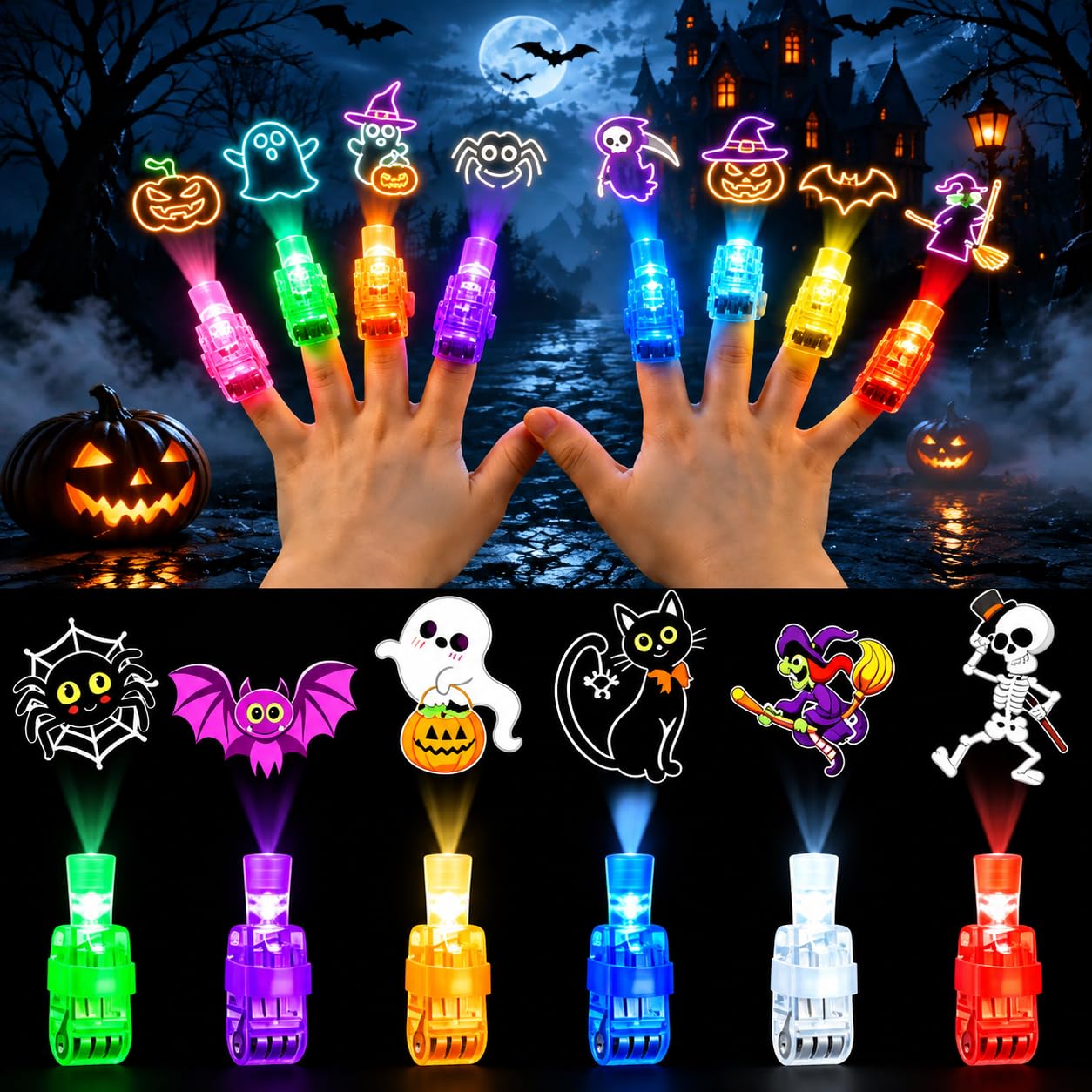testlili 36PCS Mini Colorful LED Finger Lights, Halloween Finger Projectors Lights, Mini Spooky Pattern Projector LED Light Up Fingerlampe with Elastic Band & Slide Switch for Halloween Party