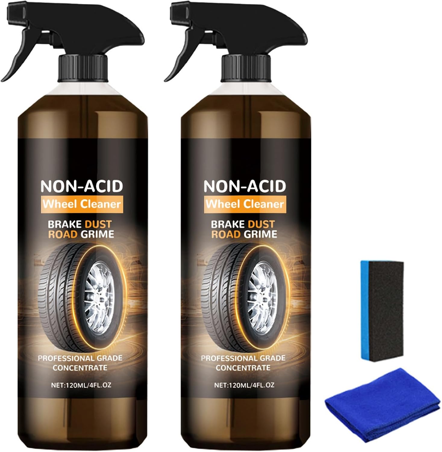 Non-Acid Wheel Cleaner Kit, Fast Acting Rust and Brake Dust Remover, Heavy Duty Rim and Tire Cleaner with Sponge & Cloth, Deep Foaming Rim Cleaning Spray for All Metal Surfaces 2