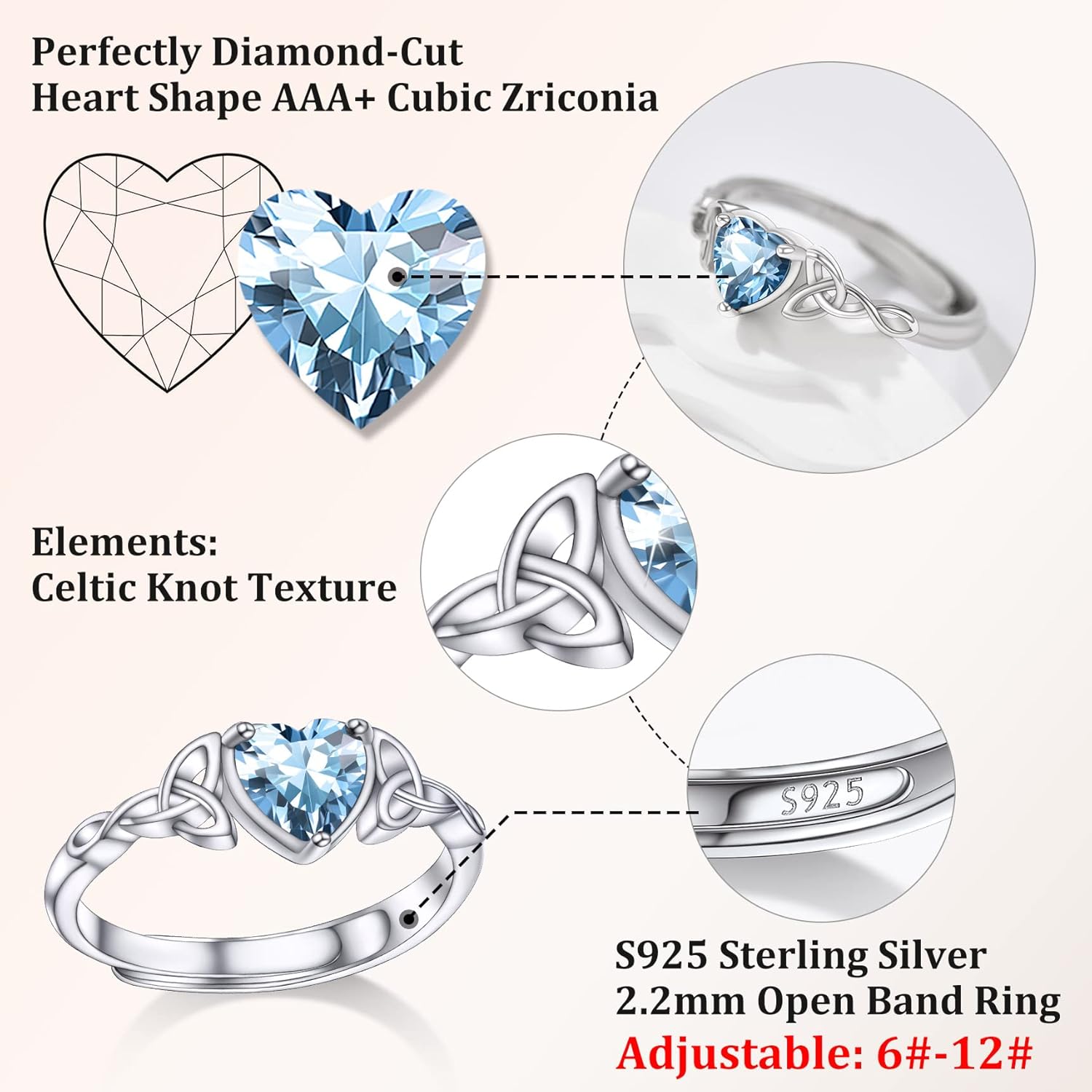 Bestyle Sterling Silver Celtic/Claddagh Birthstone Ring for Women, Hypoallergenic Celtic Silver Ring for Women, Adjustable Open Silver Thumb Ring, Love Promise Ring for Her, Great Birthday Gift - Image 4