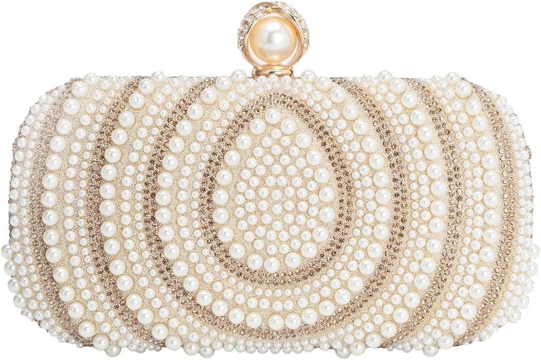Women's Pearl Beaded Glitter Rhinestones Handbag Elegant Evening Wedding Party Bridal Clutch Purse (Teardrop)