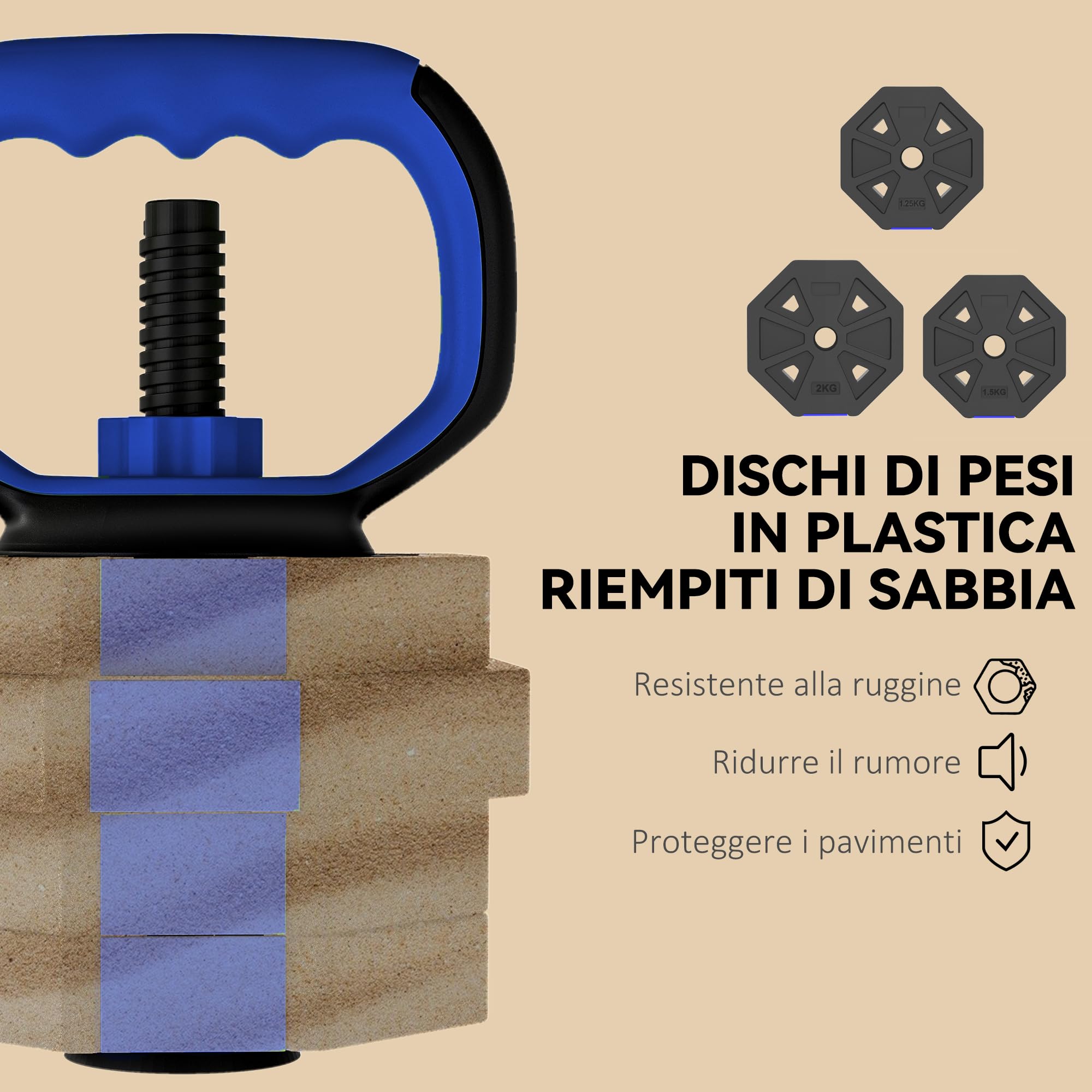 SPORTNOW Set Pesi da Palestra 6 in 1 da 20kg Totali in Plastica e Sabbia, Set Manubri Regolabili Utilizzabile come Kettlebell, Manubri, Bilanciere e Supporto per Flessioni, Allenamento a Casa