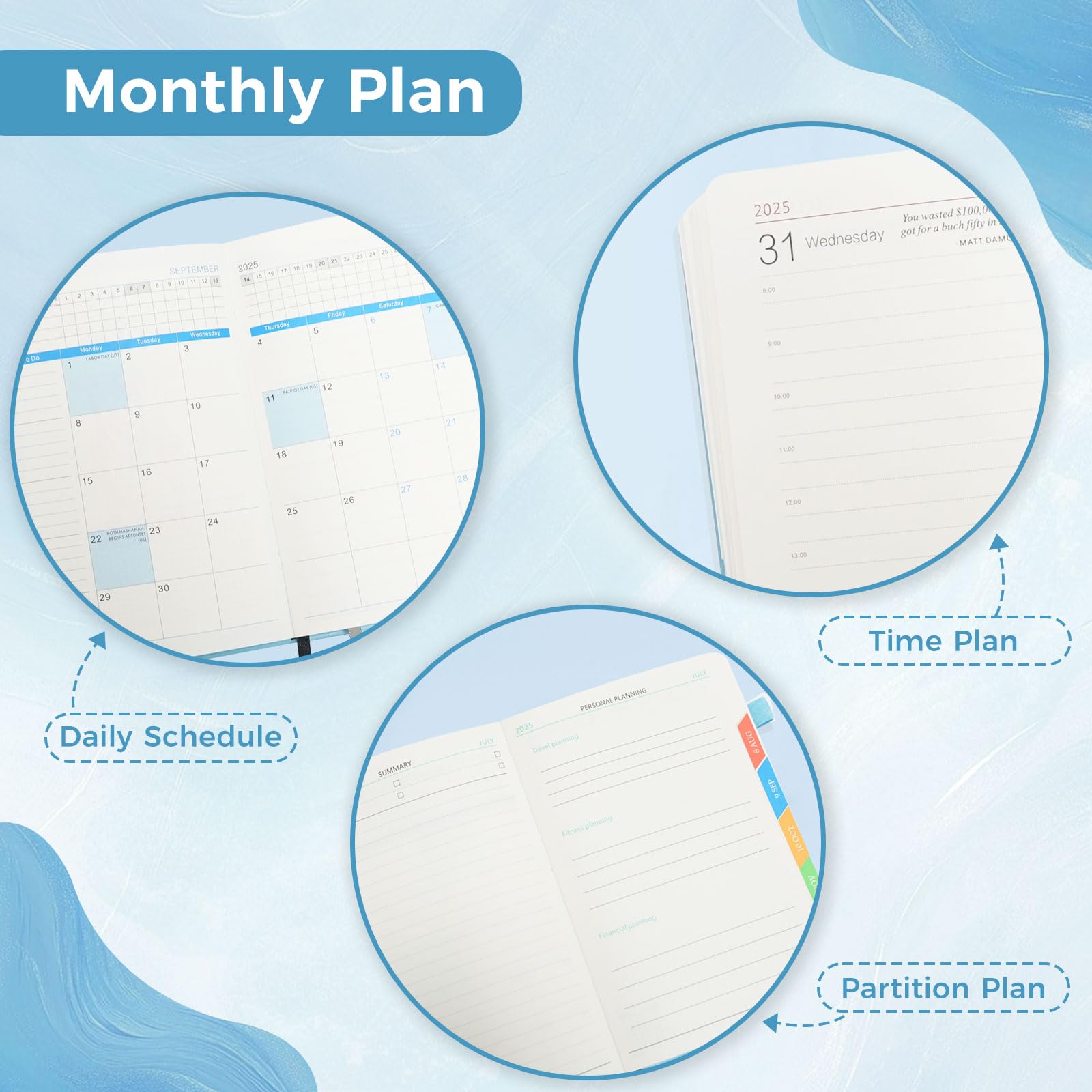 Diary A5 Page a Day,July 2025-June 2026,Full Year Daily Planner with Colorful Monthly Tabs,Pen Set & Fine Inner Pocket,5.9" 8.5" (Ocean Waves) - Image 3