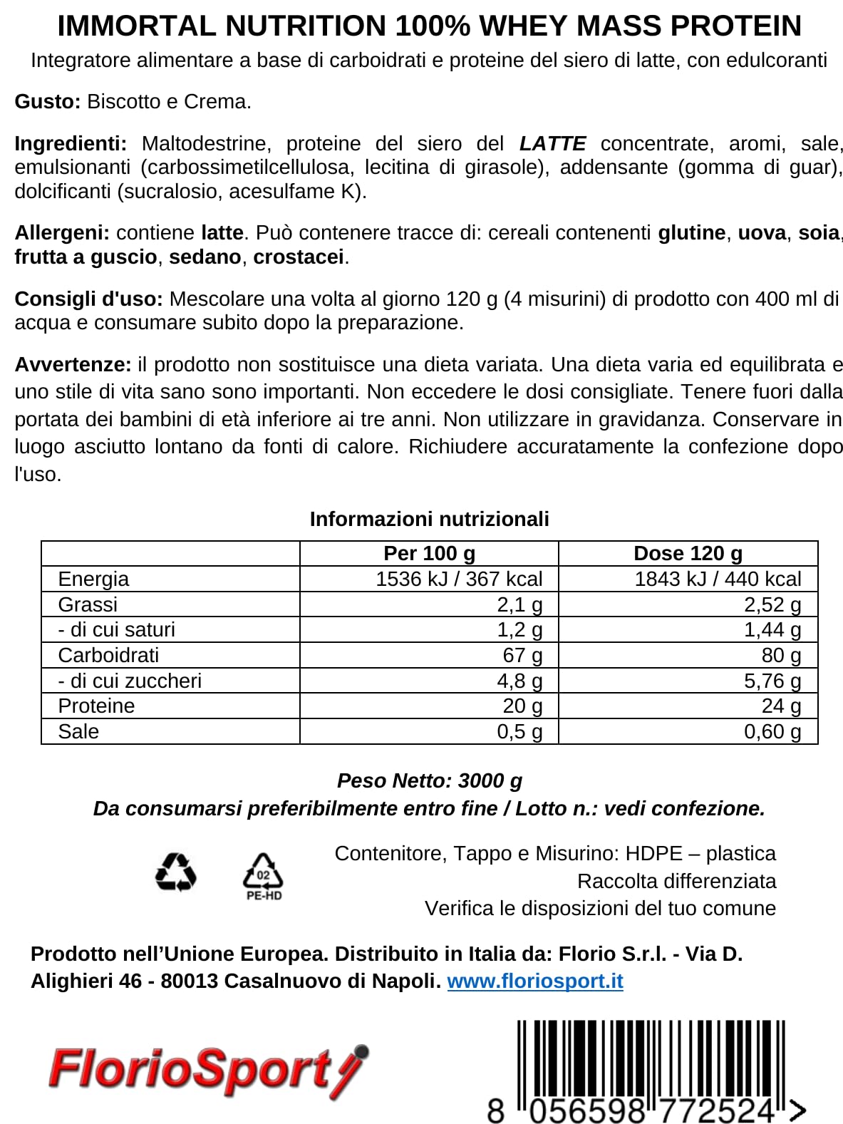 Weight Gainer in Polvere 100% Whey Mass Protein 3000 g Immortal Nutrition, Maltodestrine e Proteine del Siero del Latte Integratore per la Crescita della Massa Muscolare e del Peso (Biscotto e Crema)