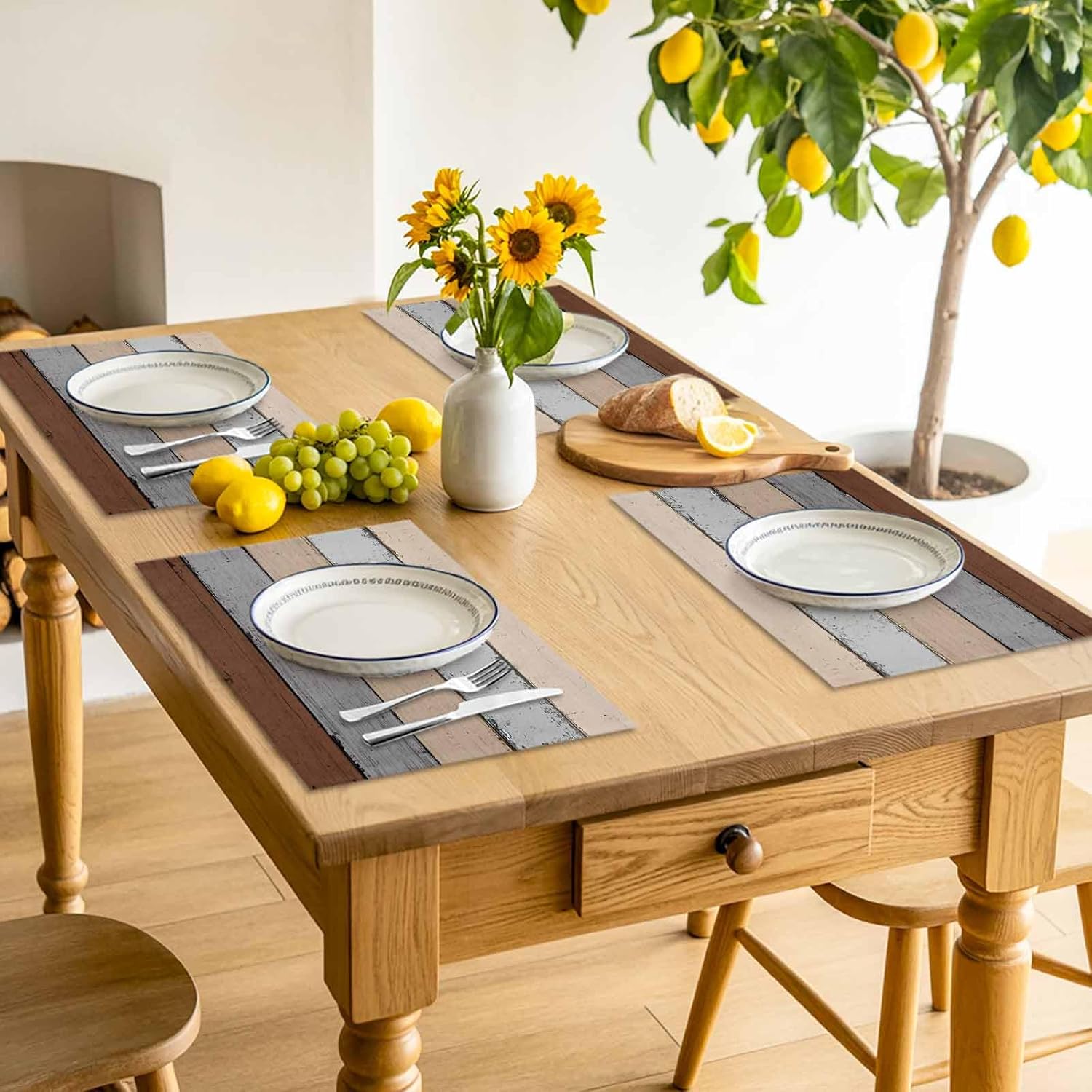 Placemats Set of 6 Cotton Linen Table Place Mat Retro Farm Gradient Brown Grey Beige Wooden Board Burlap Food Mat Waterproof Dinner Table Setting Table Mat Washable Cat Dog Pet Placemat