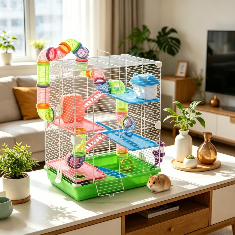 Grüner Hamsterkäfig aus Metall & PP, Mehrstöckiger Nagetierkäfig, Vertikaler Haustierkäfig mit komplettem Spielzubehör für kleine Nager