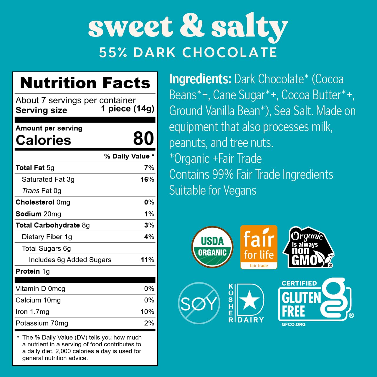 Theo Organic 55% Dark Chocolate Singles, Sweet & Salty Chocolate, 6 Pouches (7 Individually Wrapped Singles per Pouch), 42 Pieces, Vegan, Fair Trade