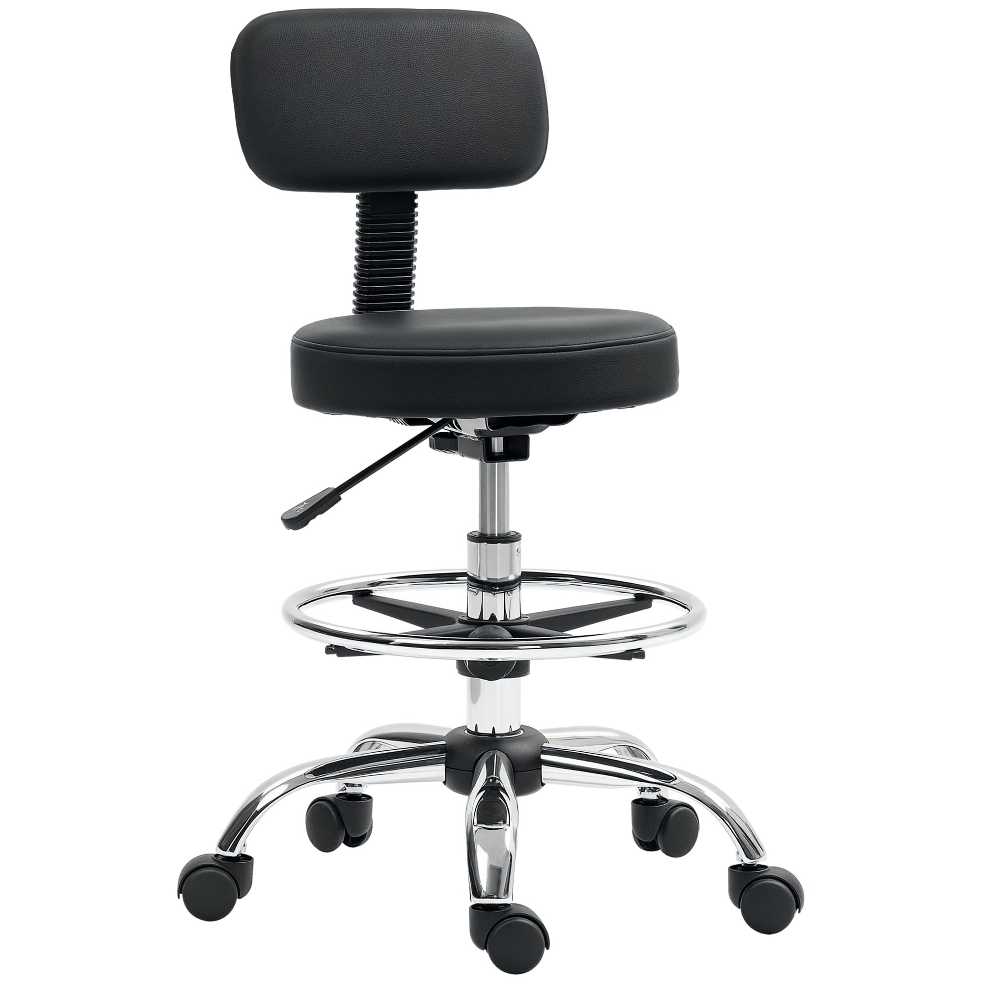HOMCOM Taburete Giratorio, Taburete con Ruedas y Respaldo, Reposapiés, Altura Ajustable, Tapizado en Cuero Sintético, para Oficina, Dormitorio, Negro