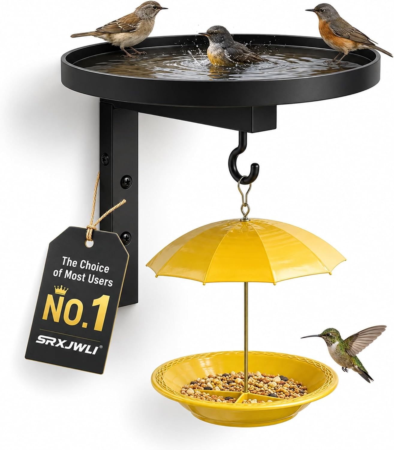 Wall-Mounted Metal Bird Bath with Umbrella-Style Feeder Deck Rail Fence Feeder Antique Bronze Basin Holder with Hook Tray Patio Hanging for Birdbath Outdoor Balcony Garden Water Bowl(Yellow)