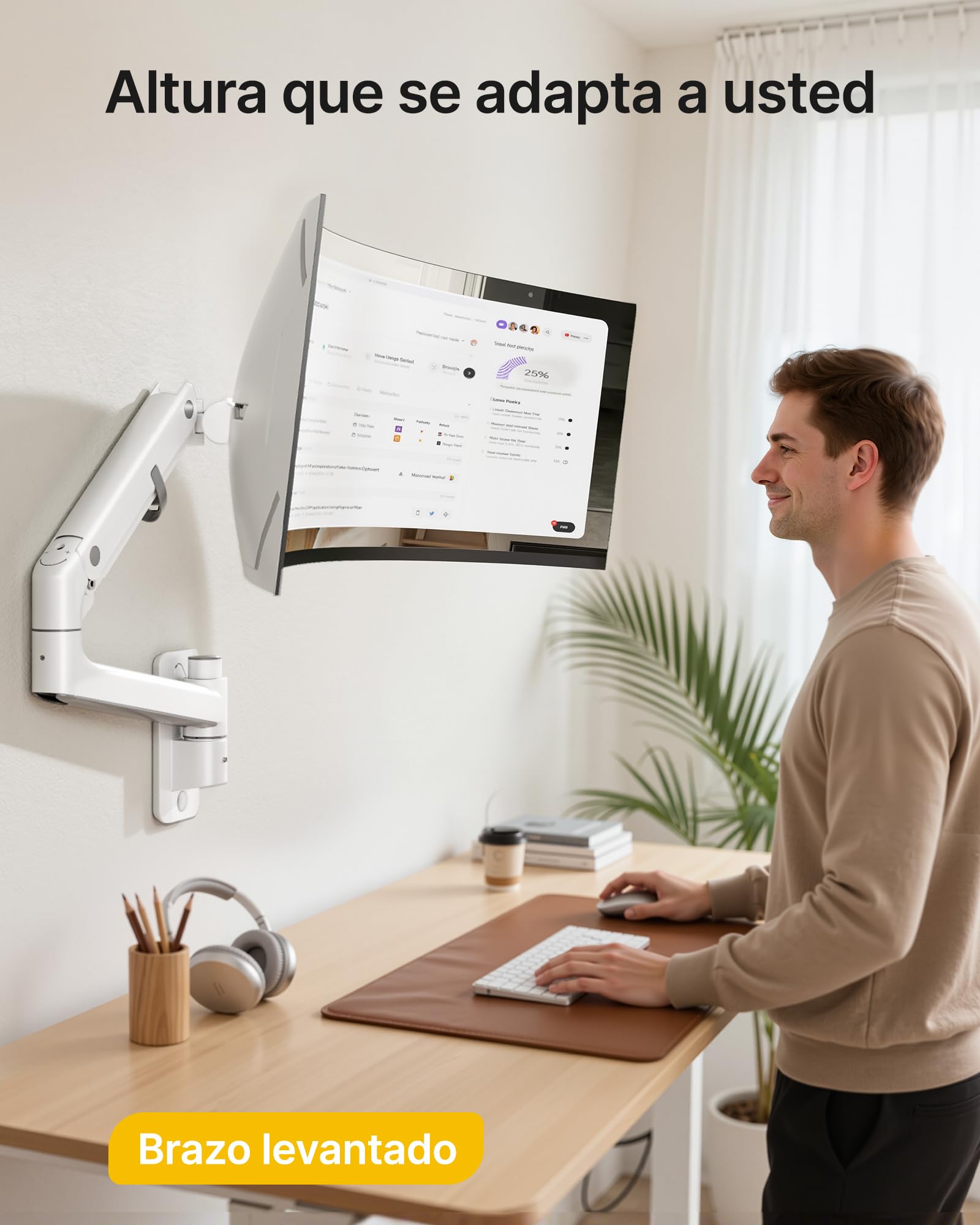 monTEK Soporte de Pared para Monitor de 17-57", hasta 27 kg | Brazo para monitor con resorte de gas, altura regulable y movimiento completo, compatible con VESA 75x75/100x100, blanco.