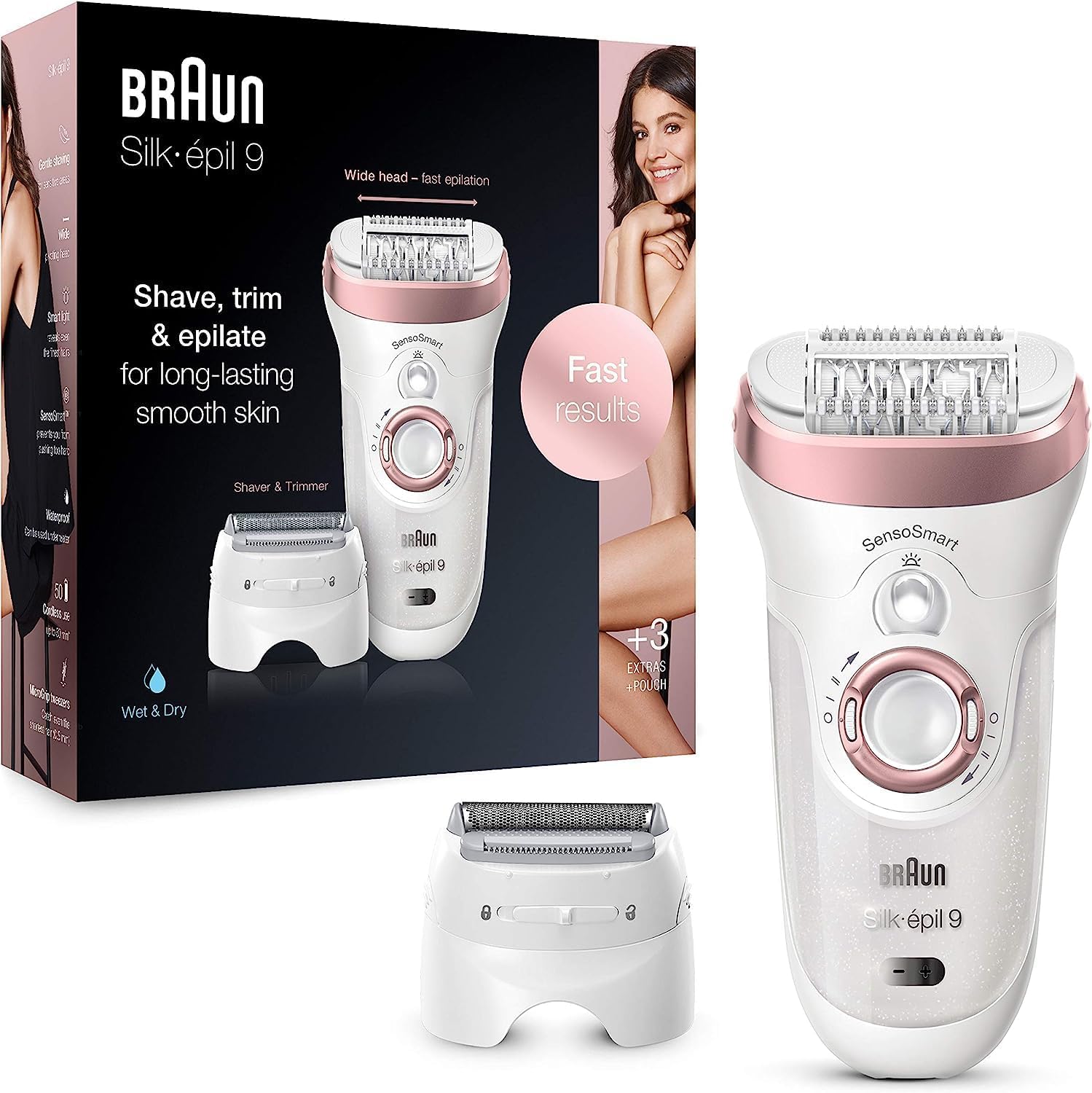 Braun Silképil 9 Epilator, With Shaver & Trimmer Head, Shave, Trim