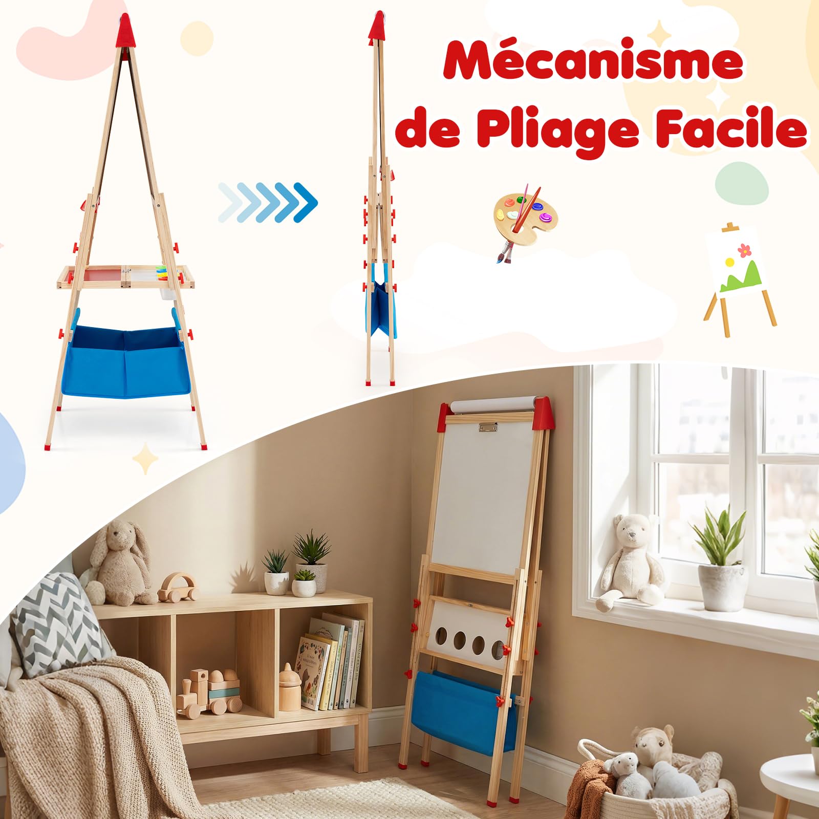 GOPLUS Tableau Enfant Double Face, 3 en 1 Chavalet Enfant avec Tableau Blanc/Noir Magnétiques à Hauteur Réglable avec Rouleau de Papier, Chevalet en Bois pour Garçons et Filles de 3-15 Ans