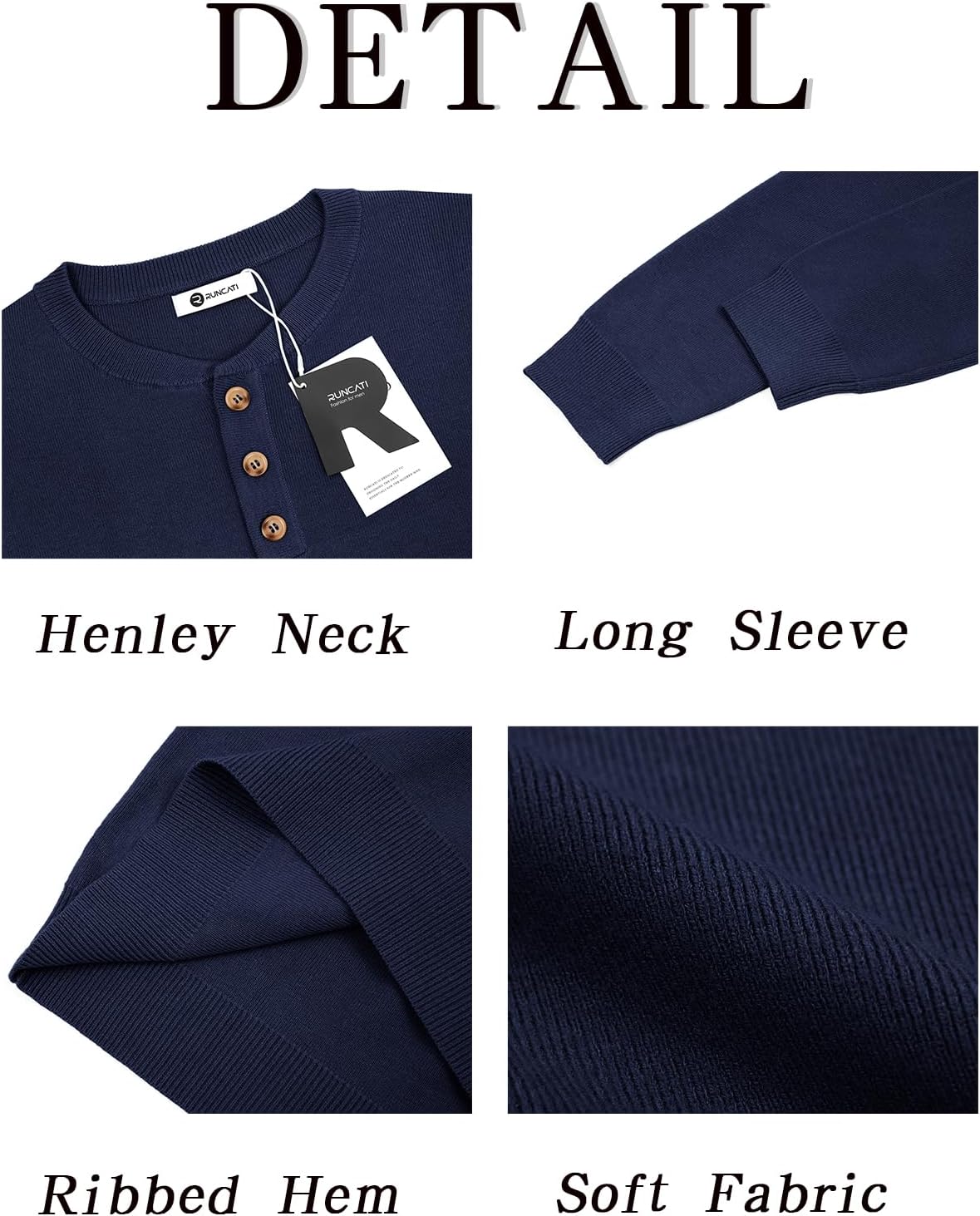 Runcati Mens Henley Knit Sweater Long Sleeve Quarter Button Pullover Sweaters Casual Fall Tops - Image 6