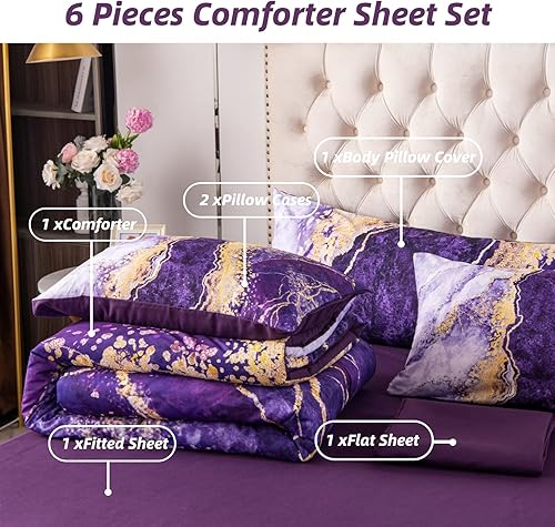 Miniatura 3 de PERFEMET Juego de edredón morado California King, 6 piezas con estampado de mármol colorido con sábanas, acuarela, ilustraciones abstractas, juego