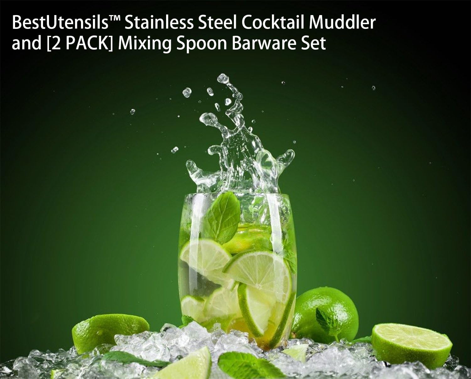 Best Utensils Cocktail Muddler and 2 Pack Mixing Spoon & Straw Stainless Steel Muddler With Cleaning Brush Bar Tool Set Make Flavorful Cocktails with Ease