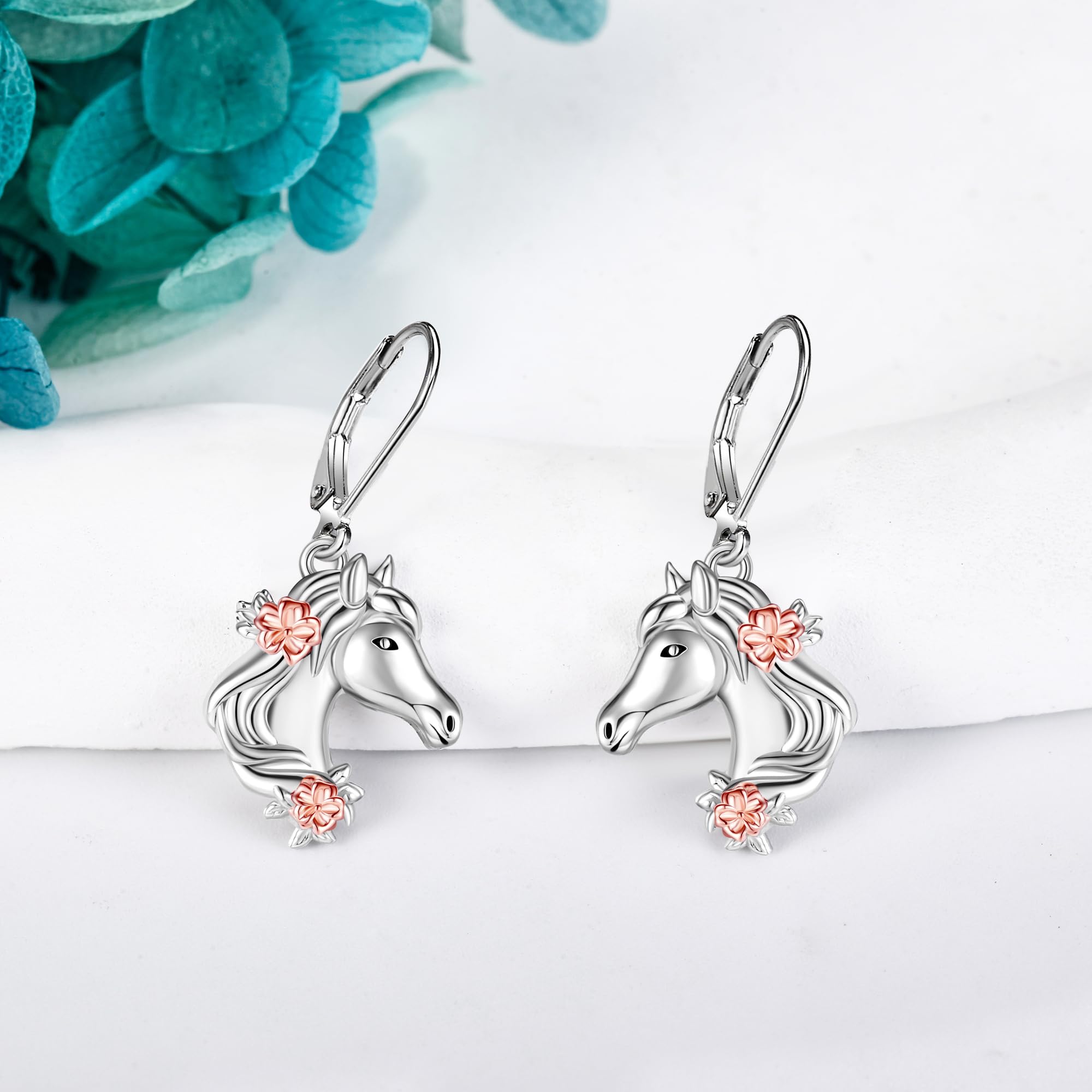 Pferde-Ohrringe Sterlingsilber Pferdekopf-Blume Baumelnde Ohrringe Pferdetier-Schmuck Geschenke für Frauen und Mädchen