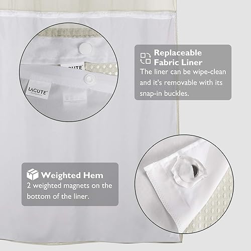 Miniatura 3 de Lagute SnapHook - Cortina de ducha de tela de punto gofre sin gancho con forro a presión, cortina de baño extra larga resistente con parte superior