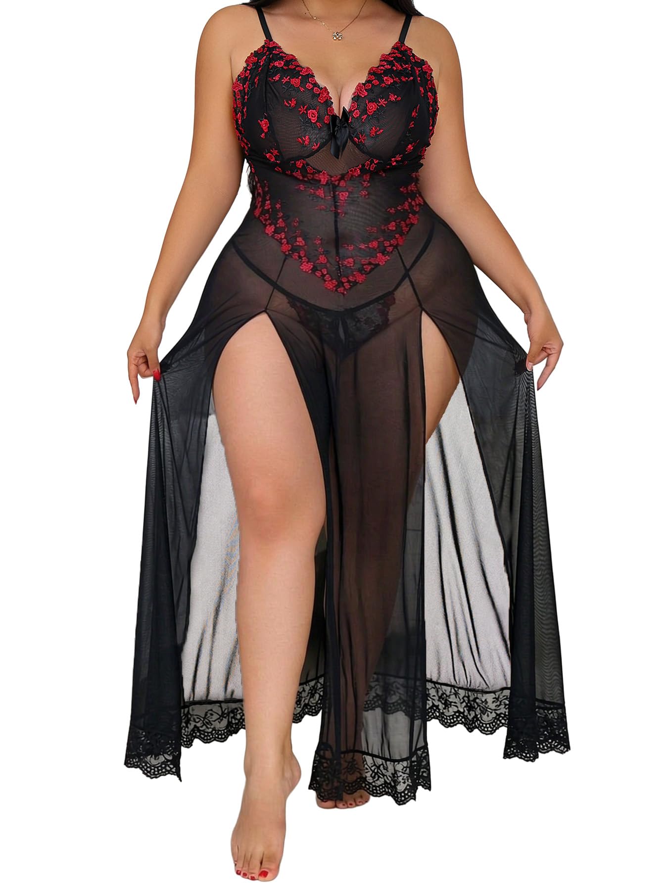Alrovetoney Plus Size Lingerie For Women Babydoll Sexy Mesh Maxi Nightdress Exotic Sleepwear Side Slits