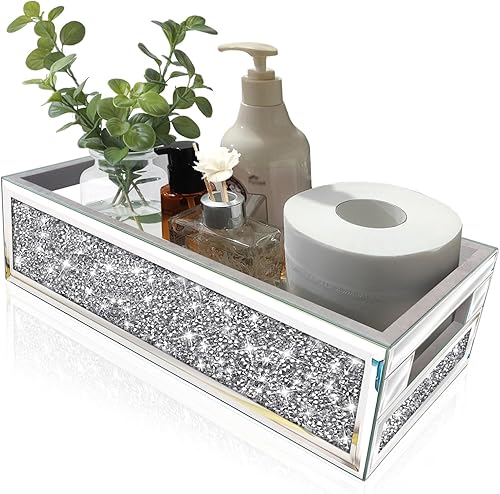Wocred Bathroom Basket Toilet Tank,Crushed Diamond Mirrored Bathroom Tray Wall-Mounted,Silver Storage Organizer fits Dresser Bedroom,Bathroom,Coffee