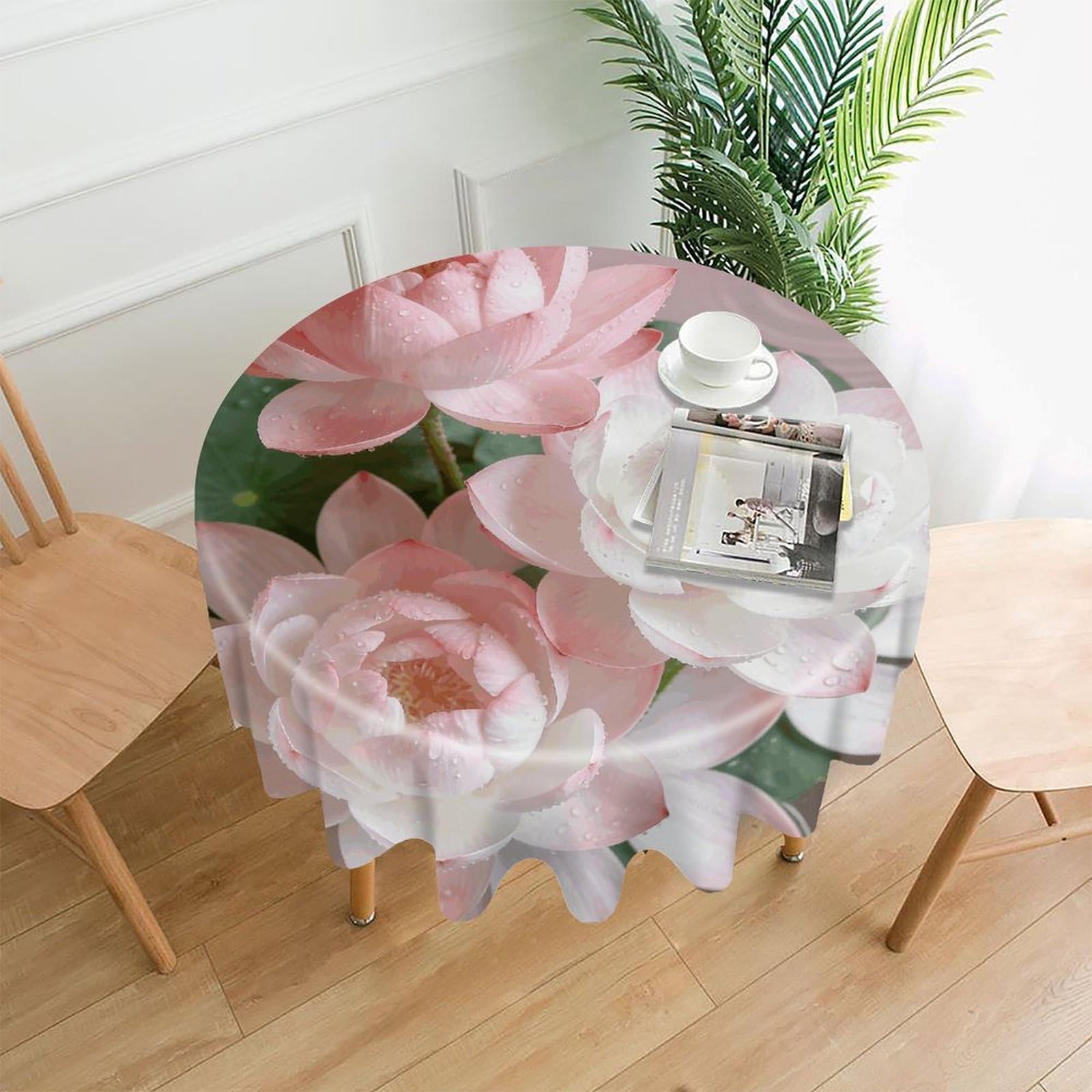 LZQPOEAS Pink and White Lotus Flower Tablecloth Easy to Clean Polyester Round Table Cover Washable Round Table Cloth Wrinkle-Free Circle Decoration Tablecloth for Kitchen and Dining Room 60"