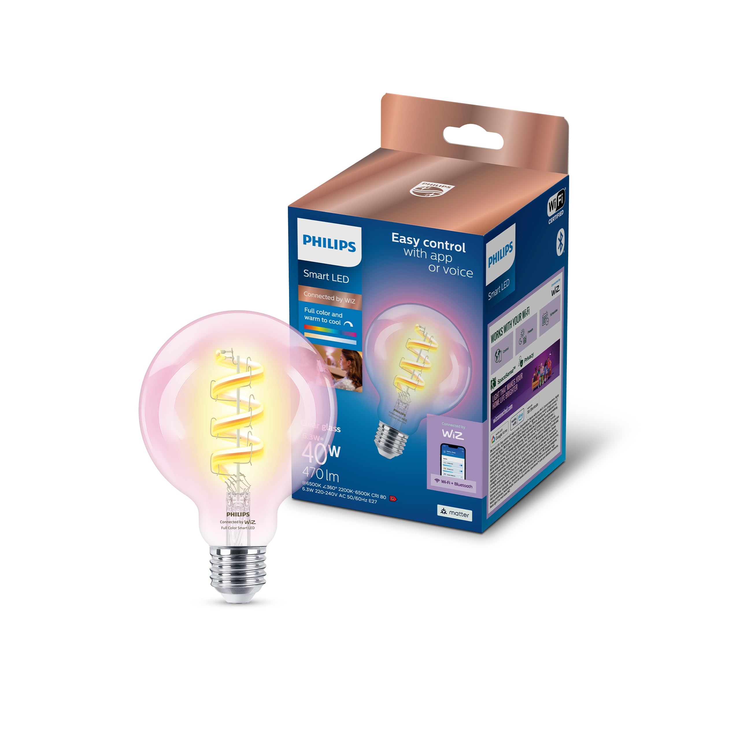 Philips Smart Light Bulb Led Globe Filament Screw E27 Full Colour & Warm/Cool Spectrum 40W