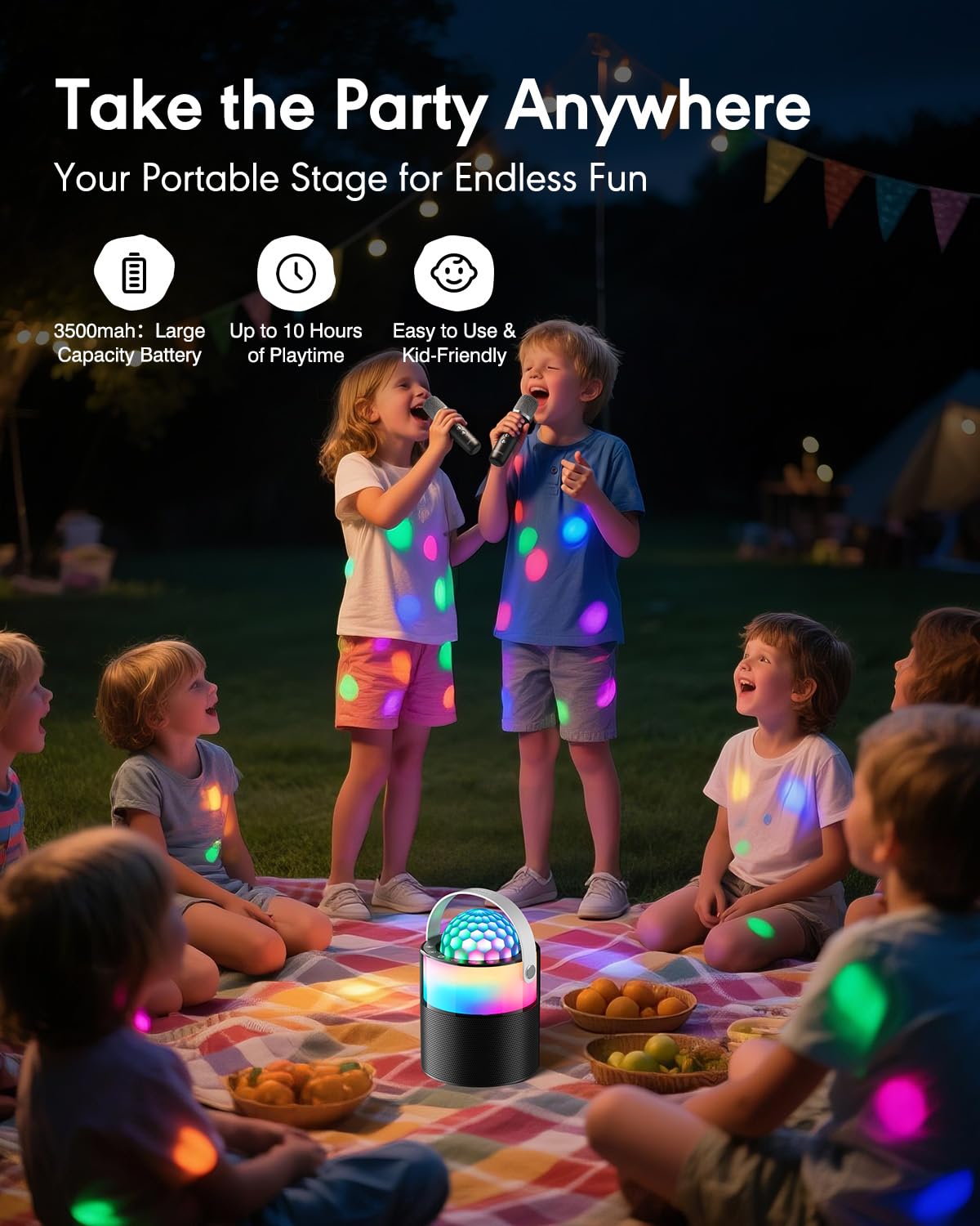 Máquina de karaoke, mini altavoz Bluetooth portátil inalámbrico con 2 micrófonos inalámbricos para adultos y niños, máquina de canto, luces LED de discoteca para viajes, niñas, niños, regalos