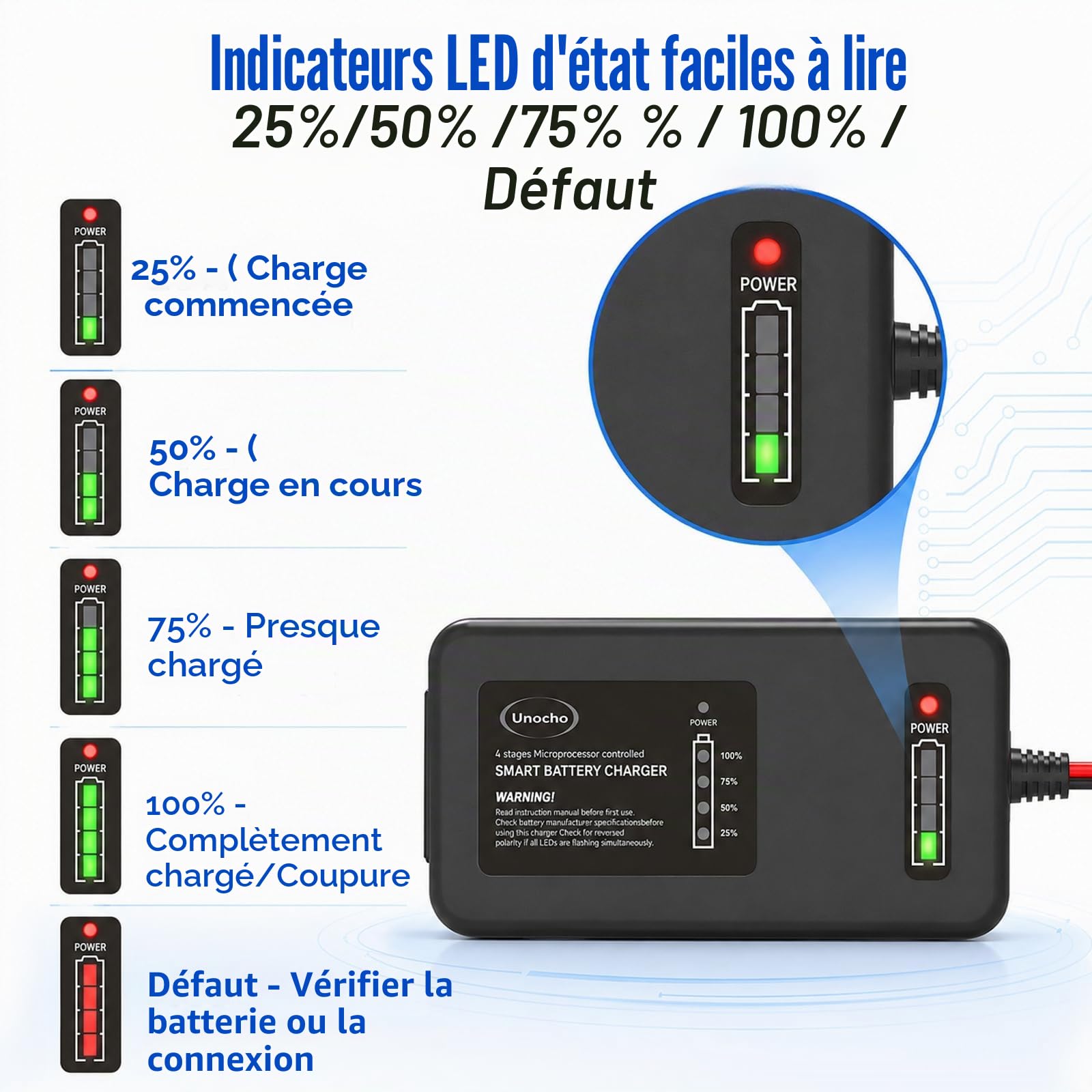 Chargeur de Batterie LiFePO4 14,6 Volt 4 étapes Chargeur de Batterie Lithium 12,8 Volt 4 étapes pour Voitures, Motos, tondeuses à Gazon, camions, Bateaux et voiturettes de Golf(Prise EU)