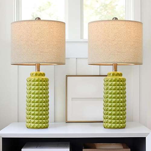 Miniatura 8 de Juego de 2 lámparas de mesa de cerámica moderna de 24.5 pulgadas, con patrón de diamante verde, lámpara de mesita de noche alta, lámparas de mesa