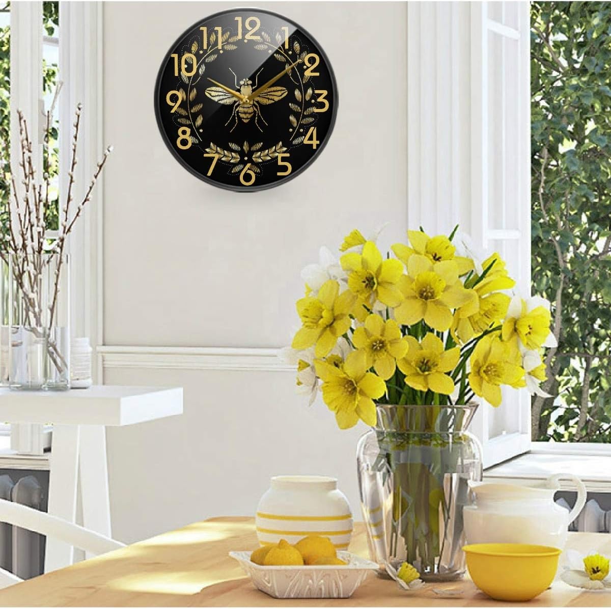 Naanle Golden Bee Insect Pattern Round Wall Clock, 12 Inch Silent Battery Operated Quartz Analog Quiet Desk Clock for Home,Office,School image 5