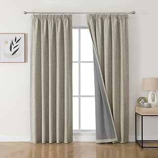 Joydeco 100% Blackout Curtains Bedroom 52 x 84 Inch Drop, Faux Linen Pencil Pleat Thermal Insulated Drapes with Coating Back Layers for Room Darkening Privacy Protection, 2 Panels, Linen Colour