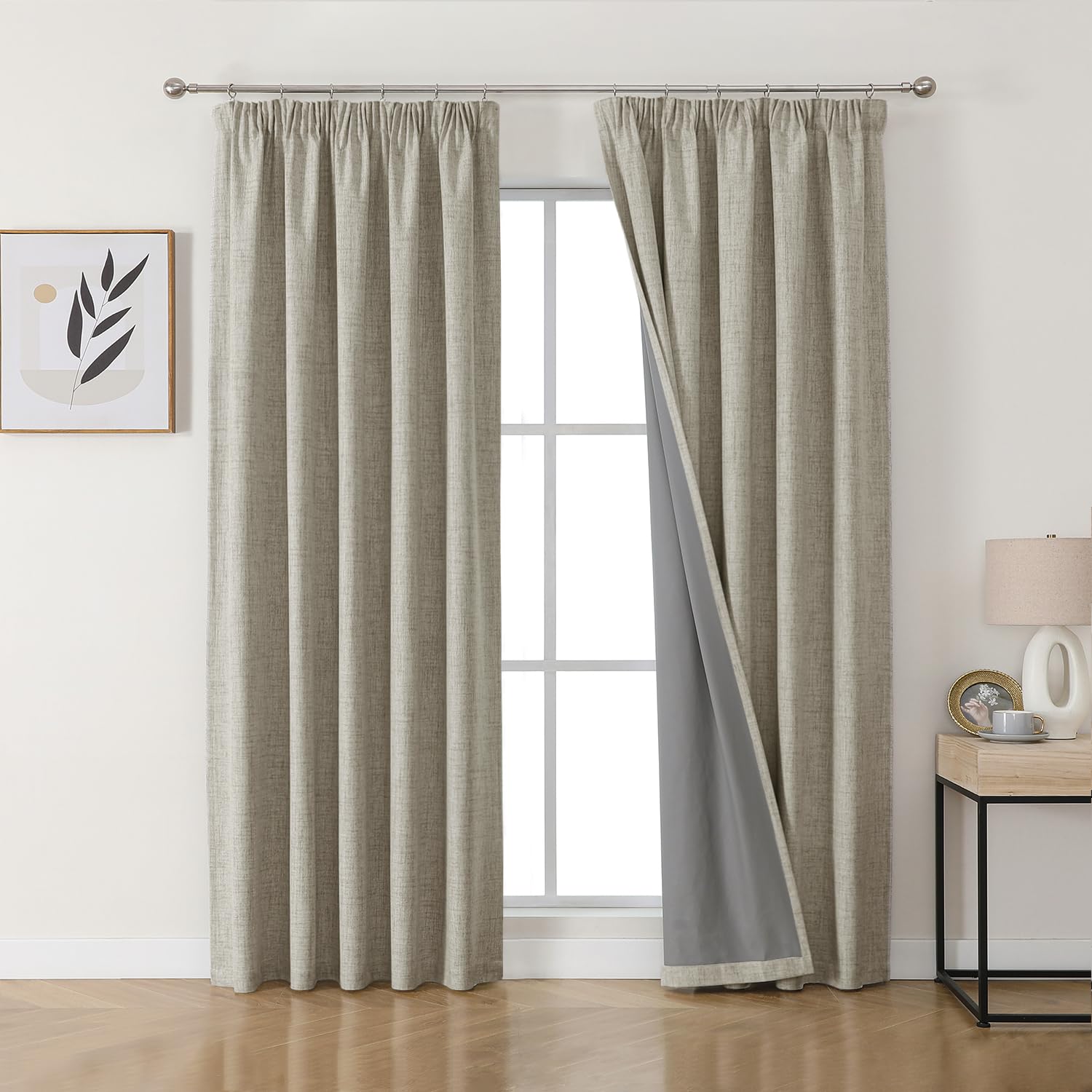 Joydeco Cortinas Térmicas Aislantes Frío y Calor 2 Piezas 167x229 cm, 100% Cortinas Dormitorio Salon Opacas Aspecto Lino con Cinta Fruncidora, Blackout Curtains para Riel de Techo, Colore de Lino