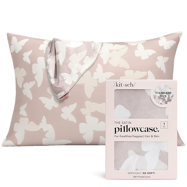 Kitsch Satin Pillowcase with Zipper for Hair & Skin, Softer Than Silk Pillow Cases Queen, Wrinkle-Free, Smooth and Cooling Satin Pillow Covers, Standard Size 19"x26", Champagne Butterfly