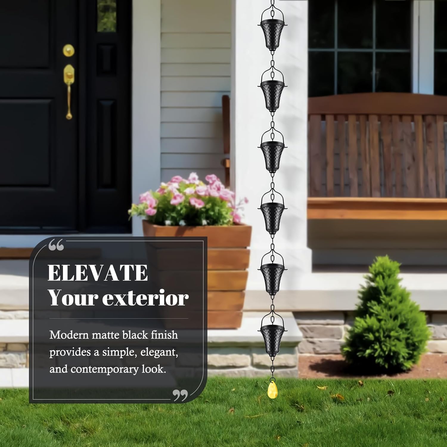 Rain Chains for Gutters Outside Black Powder Coated Downspouts Rain Catcher Diverter Metal Outdoor Decorative, 8.5 FT