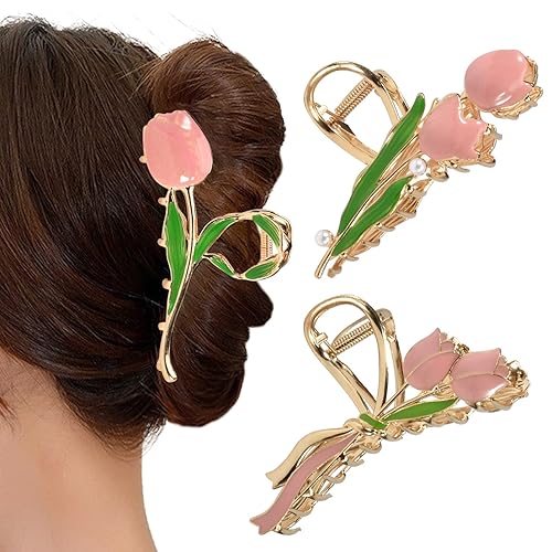 Miniatura 9 de Pinzas para el cabello de metal floral de 3 piezas pasadores de orquídea, tulipán, margaritas para cabello finogrueso medio, accesorios elegantes y