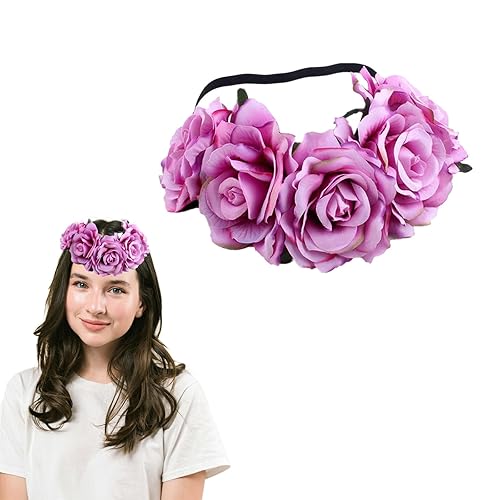 Miniatura 6 de Diadema para mujer, corona de rosas y flores, diadema floral hawaiana de flores Luau para fiestas, festivales, accesorios de fotos (beige)