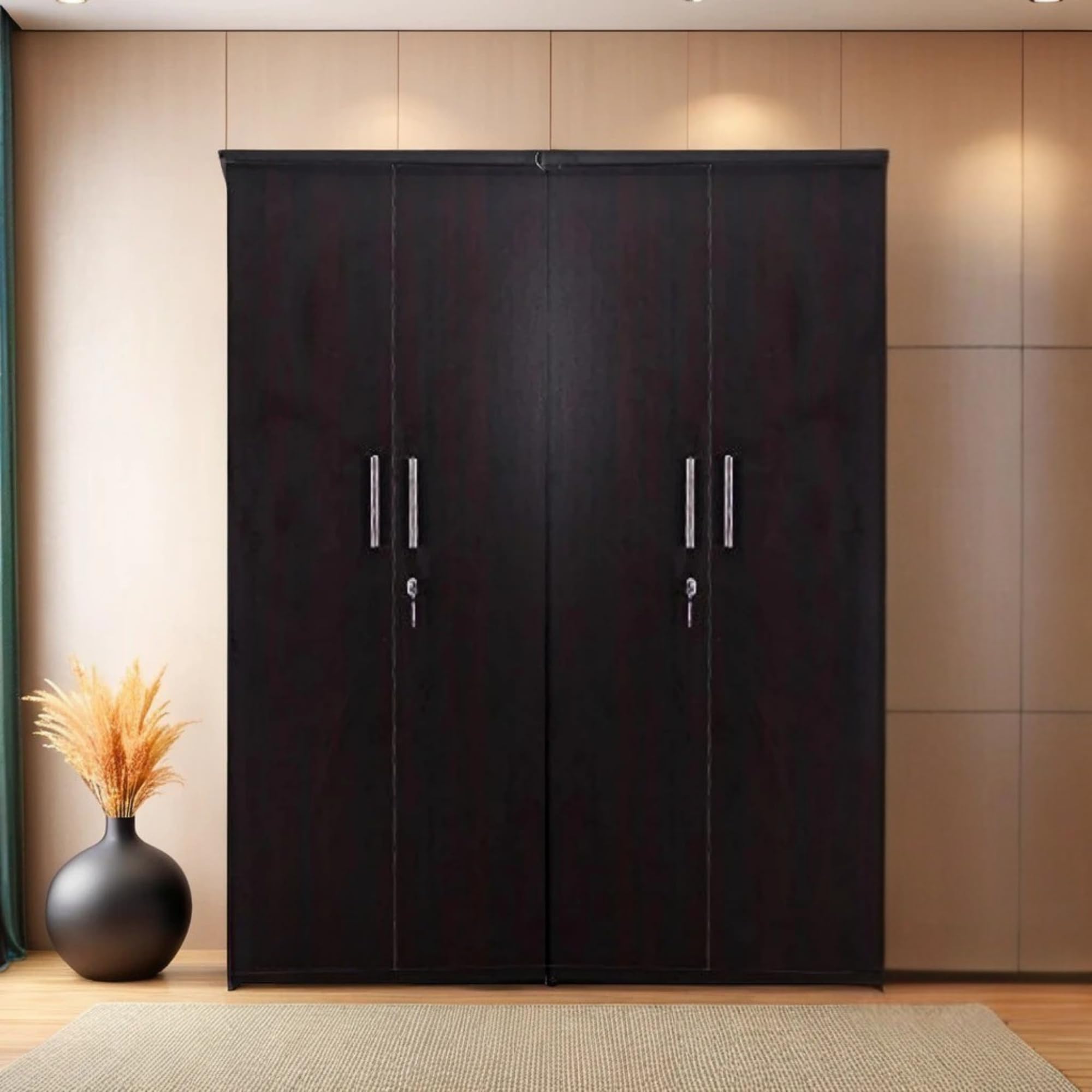 CASPIAN Furniture 4 Door Wardrobe in Black Wenge Finish for Bedroom | Cupboard for Clothes and Accessories | Size 75 x 48 x 19 Inches-image-48