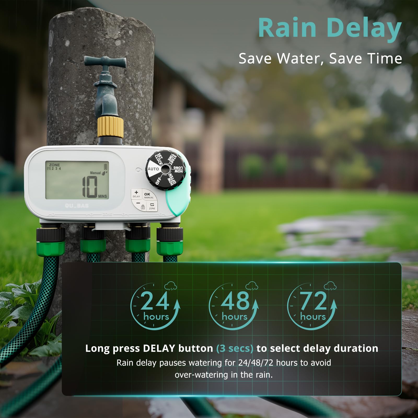 QUOBAS Timer per irrigazione a goccia, per tubo da giardino, programmabile, in ottone, digitale, 4 zone, per irrigazione a goccia, piscina, con ritardo della pioggia/auto/manuale, schermo impermeabile