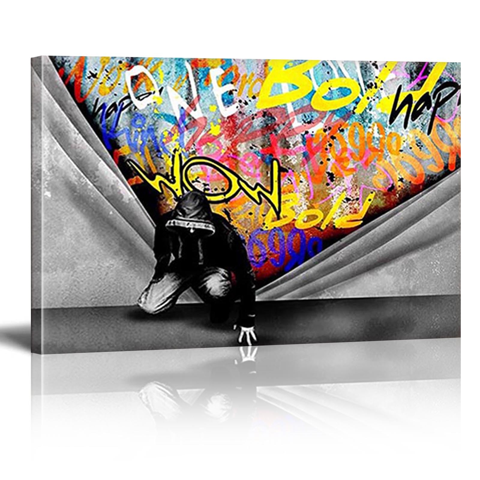 DQTUYIOP Banksy Canvas Wall Art for Living Room Behind the Curtain 80x120cm Inner Frame Vintage Graffiti Street Walls Painting Prints Modern Pop Art Posters Inspirational Artwork