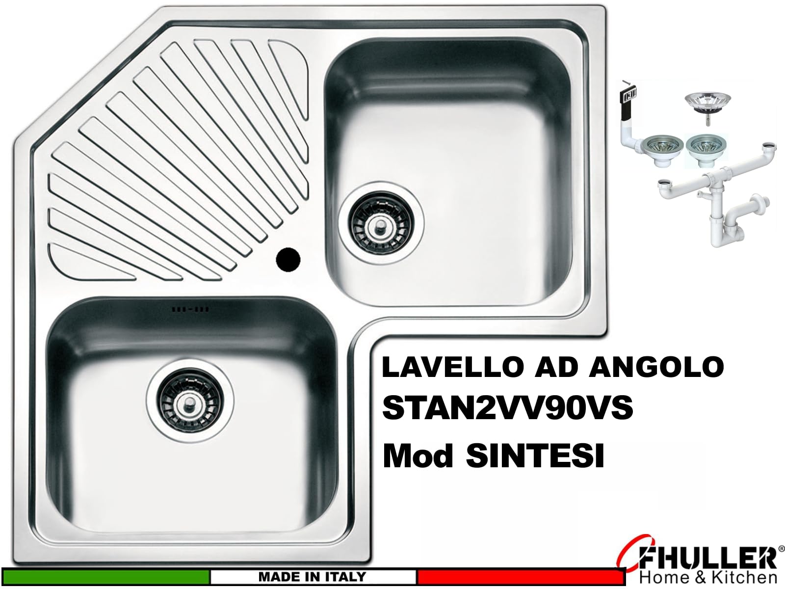 Lavello Incasso Cucina Angolare FHULLER Mod.SINTESI ANGOLO Art. STAN2VV90VS in Acciaio Spazzolato 83X83 2 Vasche Saldate 34X40 Profonde H 19,3 + Gocciolatoio. Made in Italy