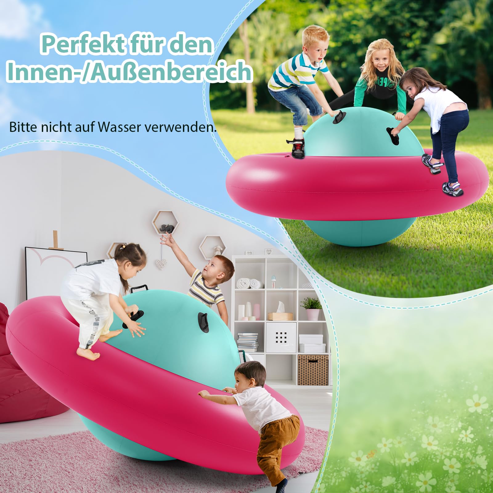 SOARS Aufblasbare Kletterkugel, Hüpfball zum Klettern für Kinder ab 5 Jahren, Kletterkuppel mit 6 Griffen bis zu 113kg belastbar (Grün+ Rosa)